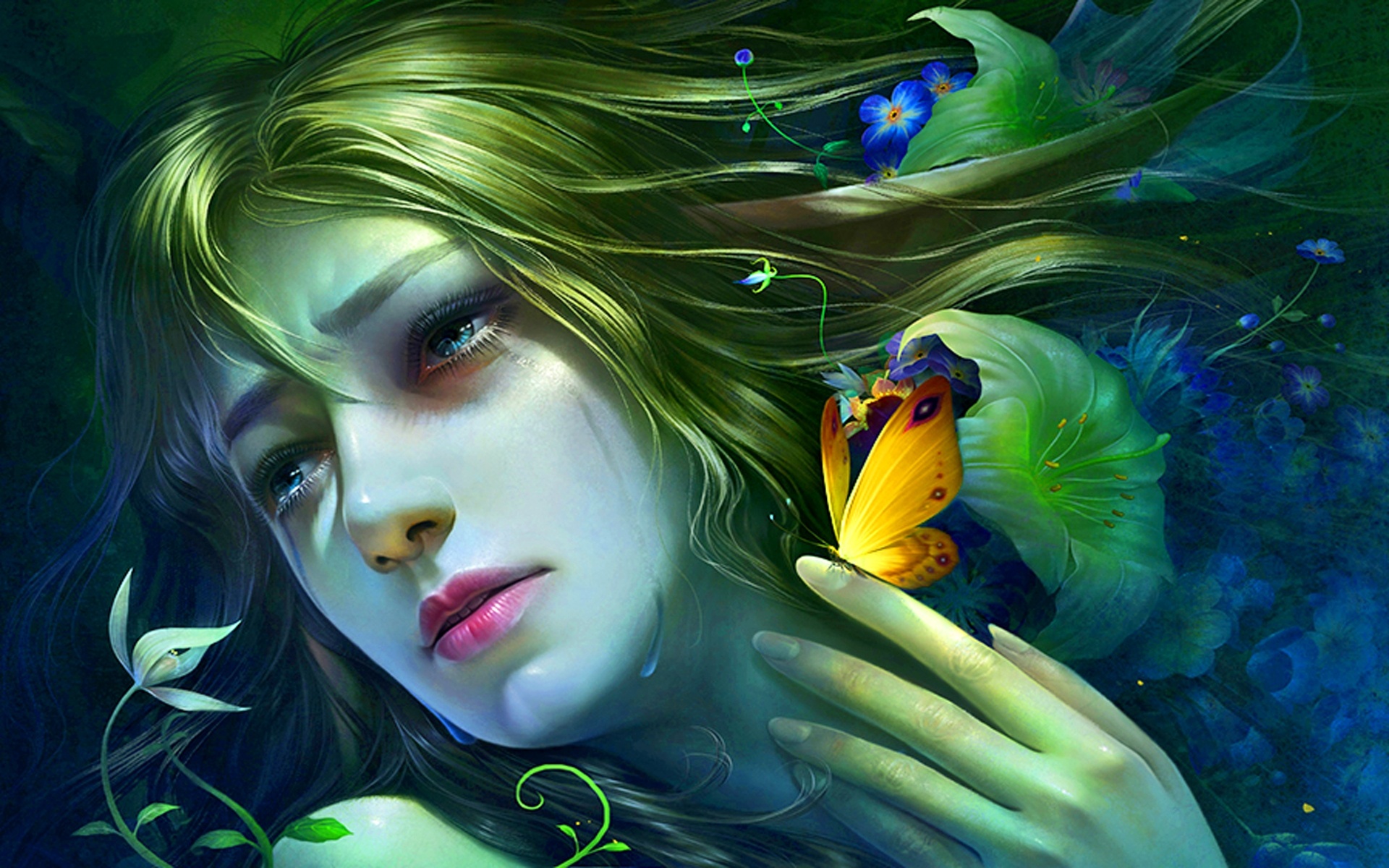 Free download wallpaper Fantasy, Flower, Butterfly, Face, Women, Tears on your PC desktop