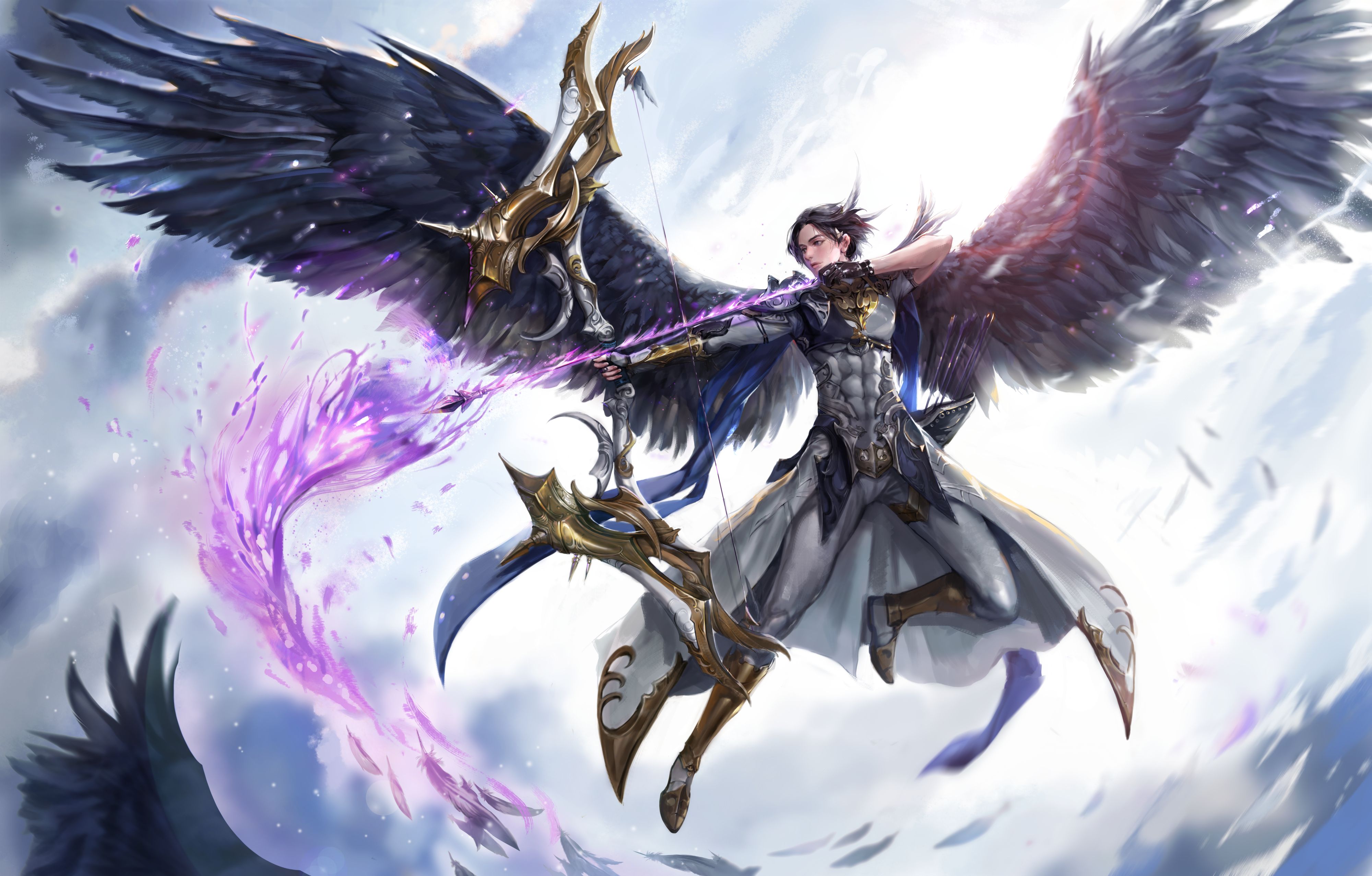 Free download wallpaper Anime, Fantasy, Feather, Arrow, Wings, Bow, Original on your PC desktop