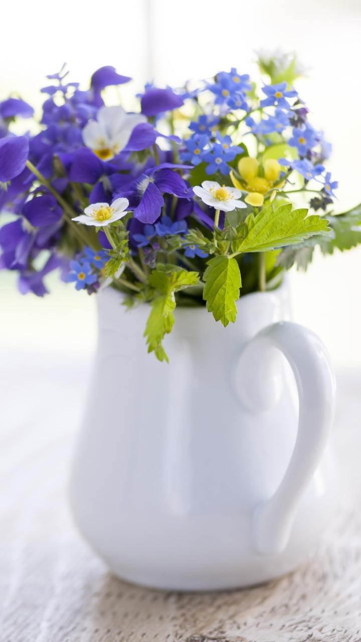 Download mobile wallpaper Summer, Flower, Vase, White Flower, Purple Flower, Man Made for free.