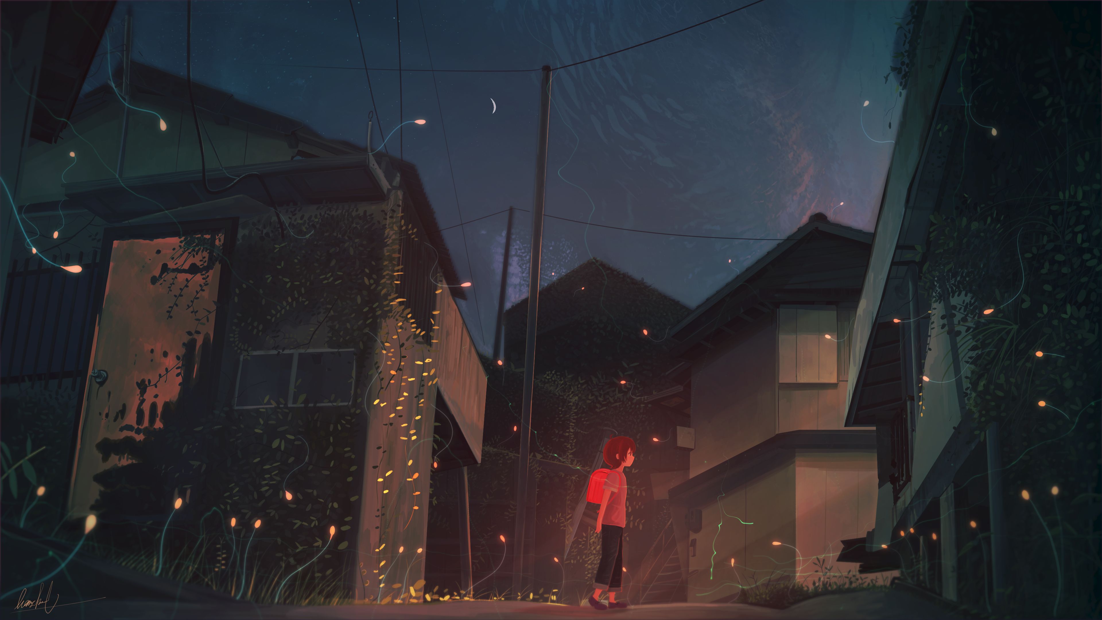 Download mobile wallpaper Anime, Night, Road, House, Original for free.