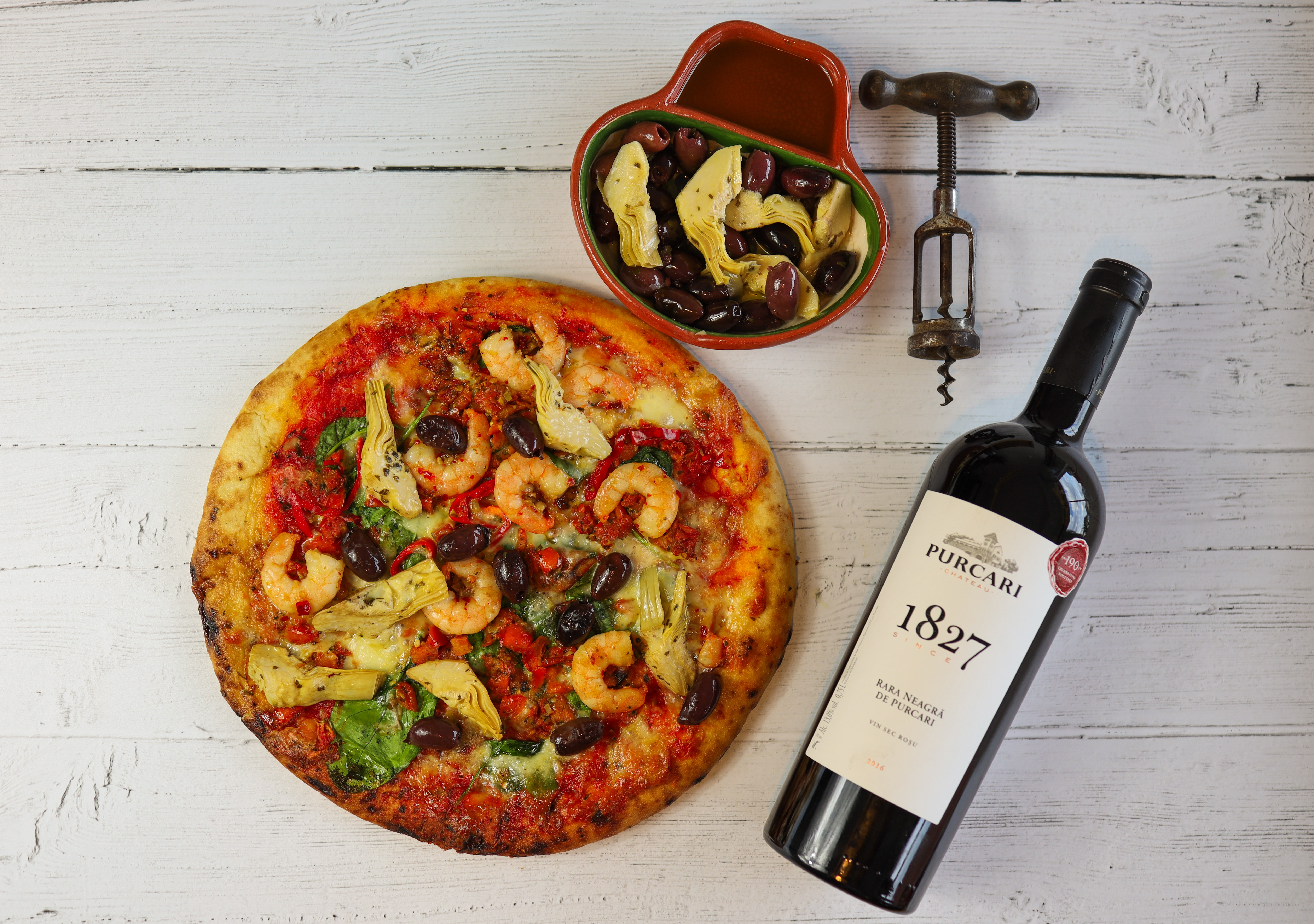 Download mobile wallpaper Food, Pizza, Still Life, Bottle, Shrimp, Olive, Wine for free.