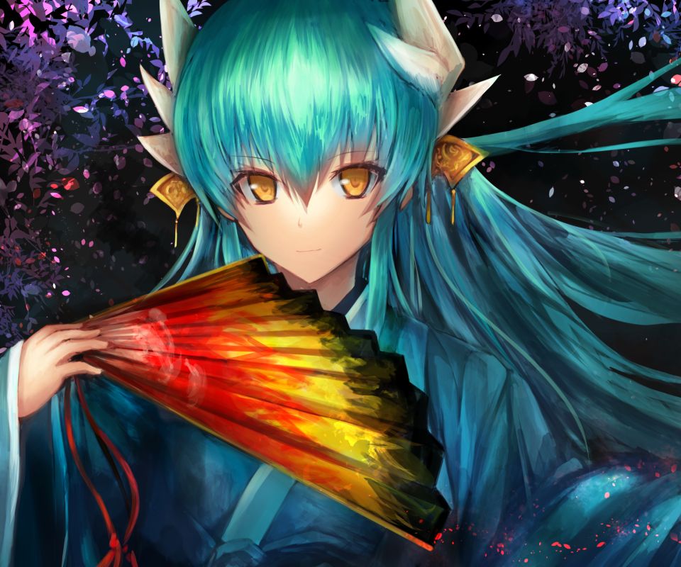 Download mobile wallpaper Anime, Petal, Horns, Fan, Yellow Eyes, Long Hair, Aqua Hair, Japanese Clothes, Fate/grand Order, Kiyohime (Fate/grand Order), Fate Series for free.
