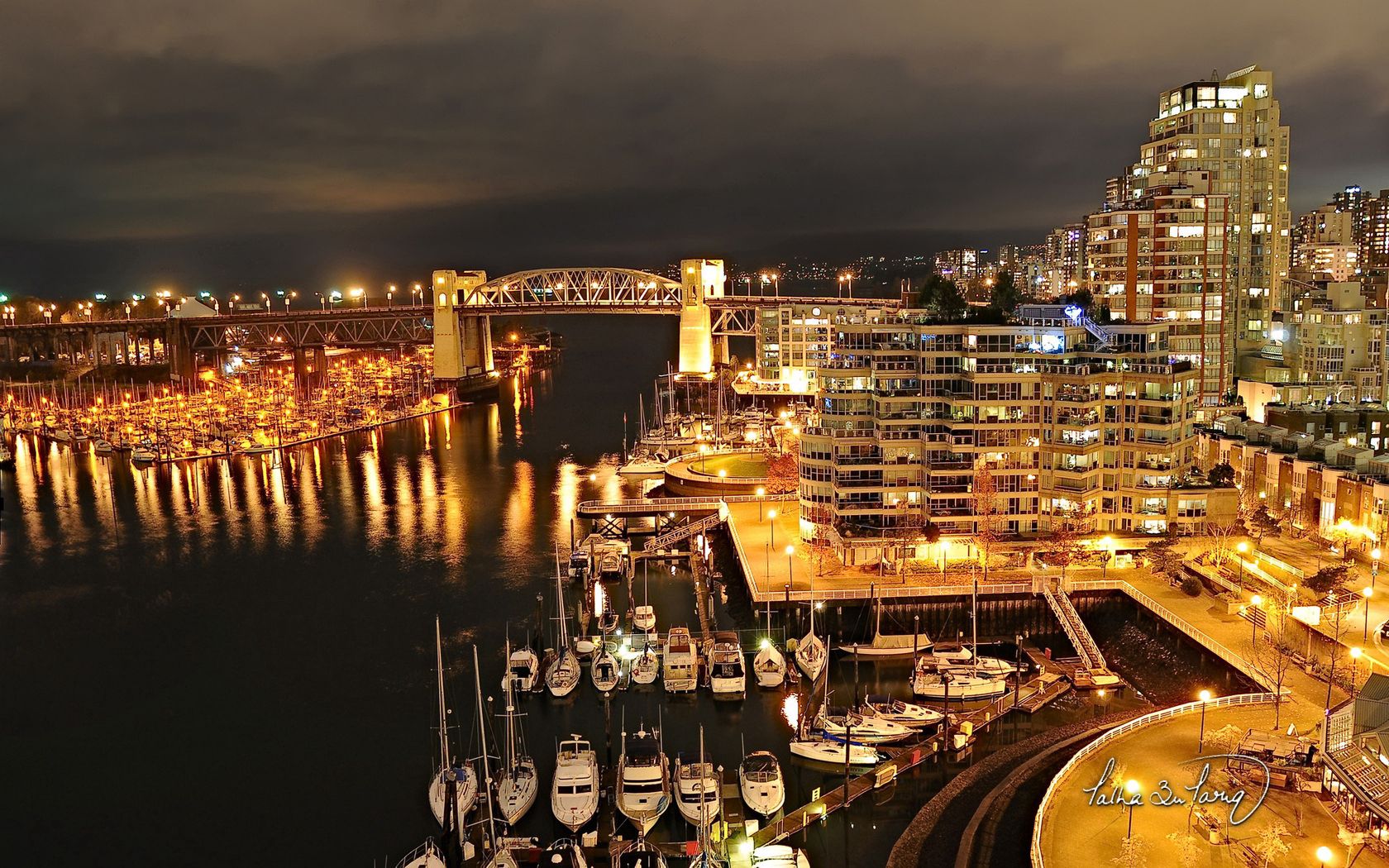 Free download wallpaper Cities, Night, Building, Shine, Light, Pier, City, Vancouver on your PC desktop