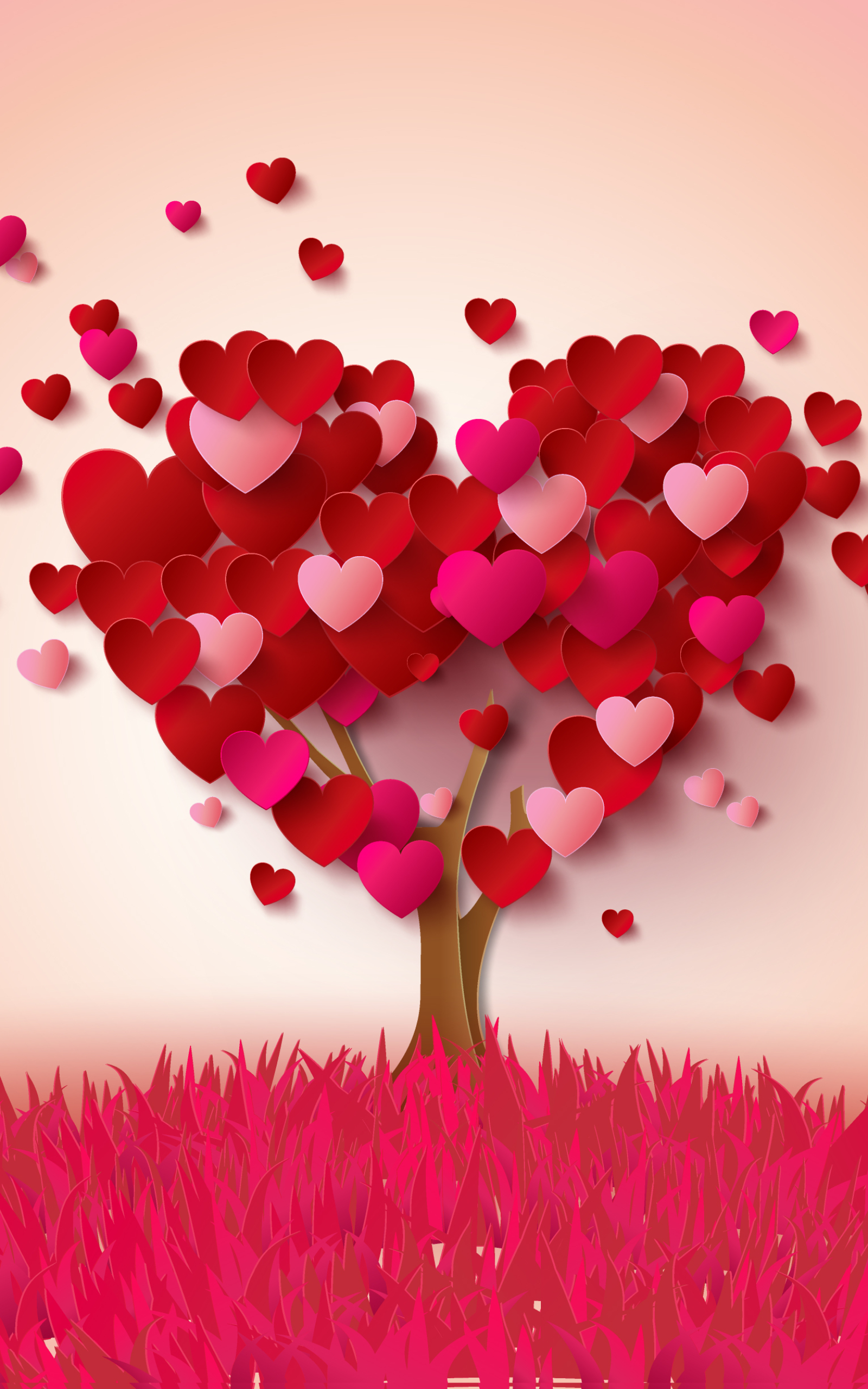 Скачать картинку Трава, Красный, Дерево, Розовый, Сердце, Художественные, Пинк в телефон бесплатно.