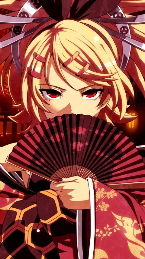 Handy-Wallpaper Musik, Blond, Vocaloid, Kimono, Kopfschmuck, Blondinen, Rote Augen, Animes, Rin Kagamine kostenlos herunterladen.