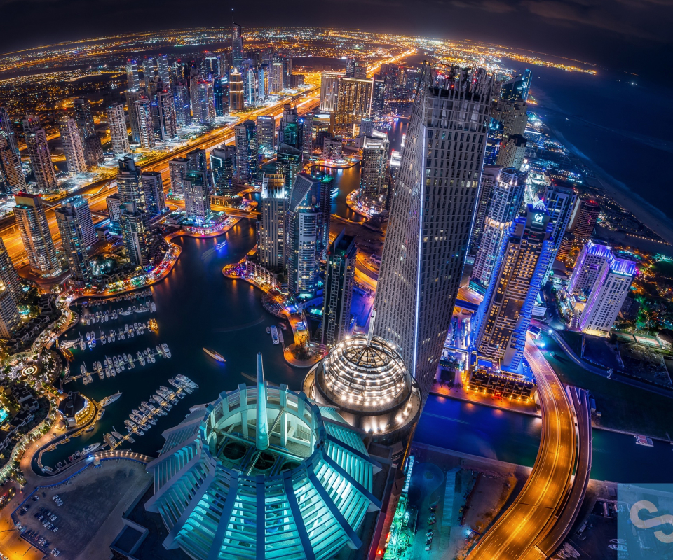 Baixar papel de parede para celular de Cidades, Noite, Cidade, Arranha Céu, Luz, Dubai, Paisagem Urbana, Leve, Feito Pelo Homem, Aéreo gratuito.