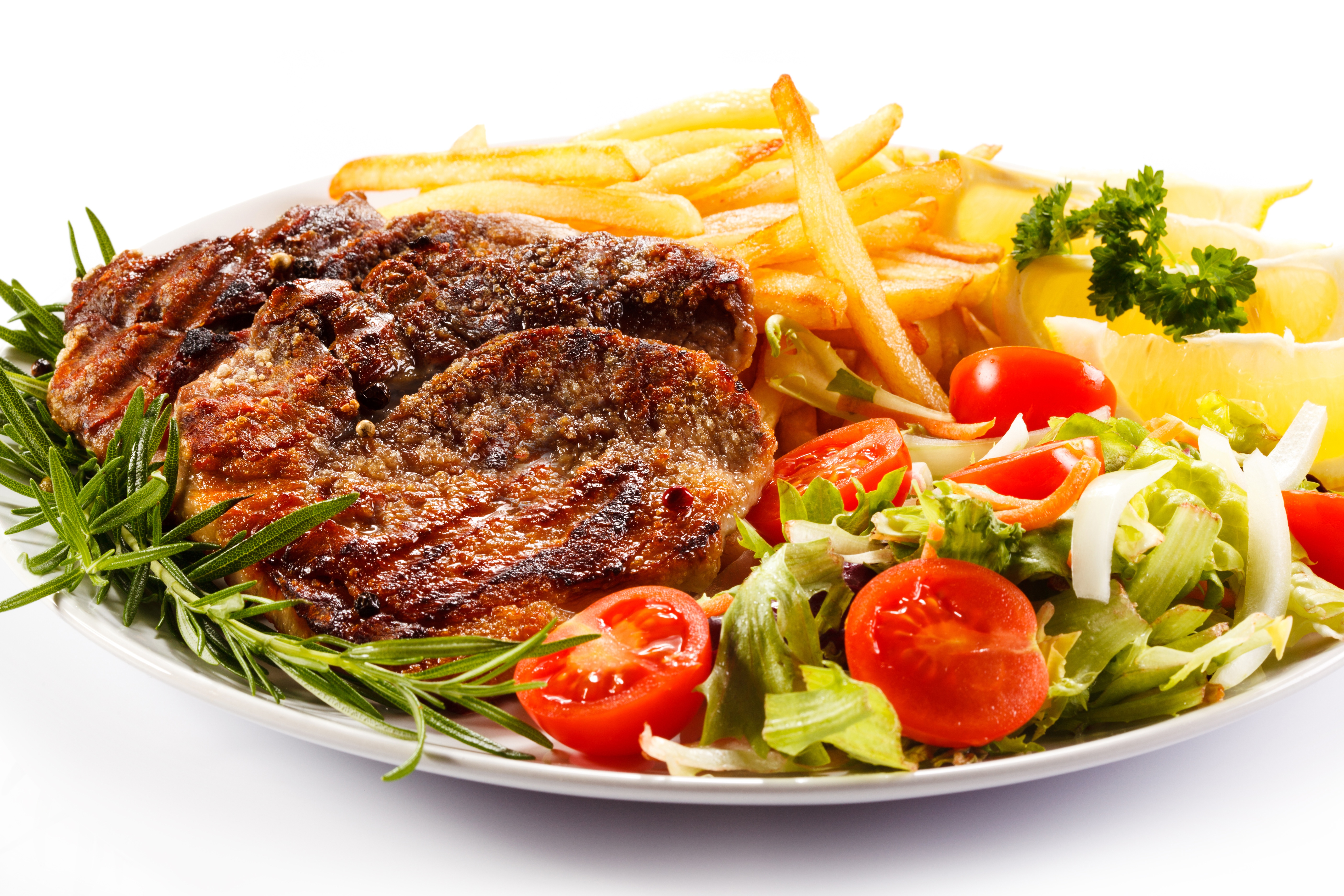 Download mobile wallpaper Food, Meat, Meal, Salad, Vegetable, French Fries for free.