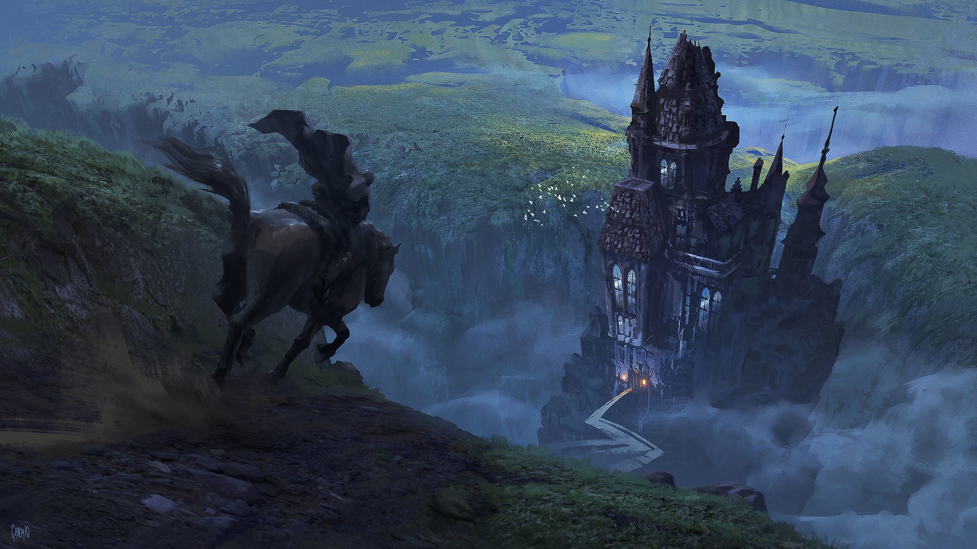 Free download wallpaper Fantasy, House, Path, Horse on your PC desktop