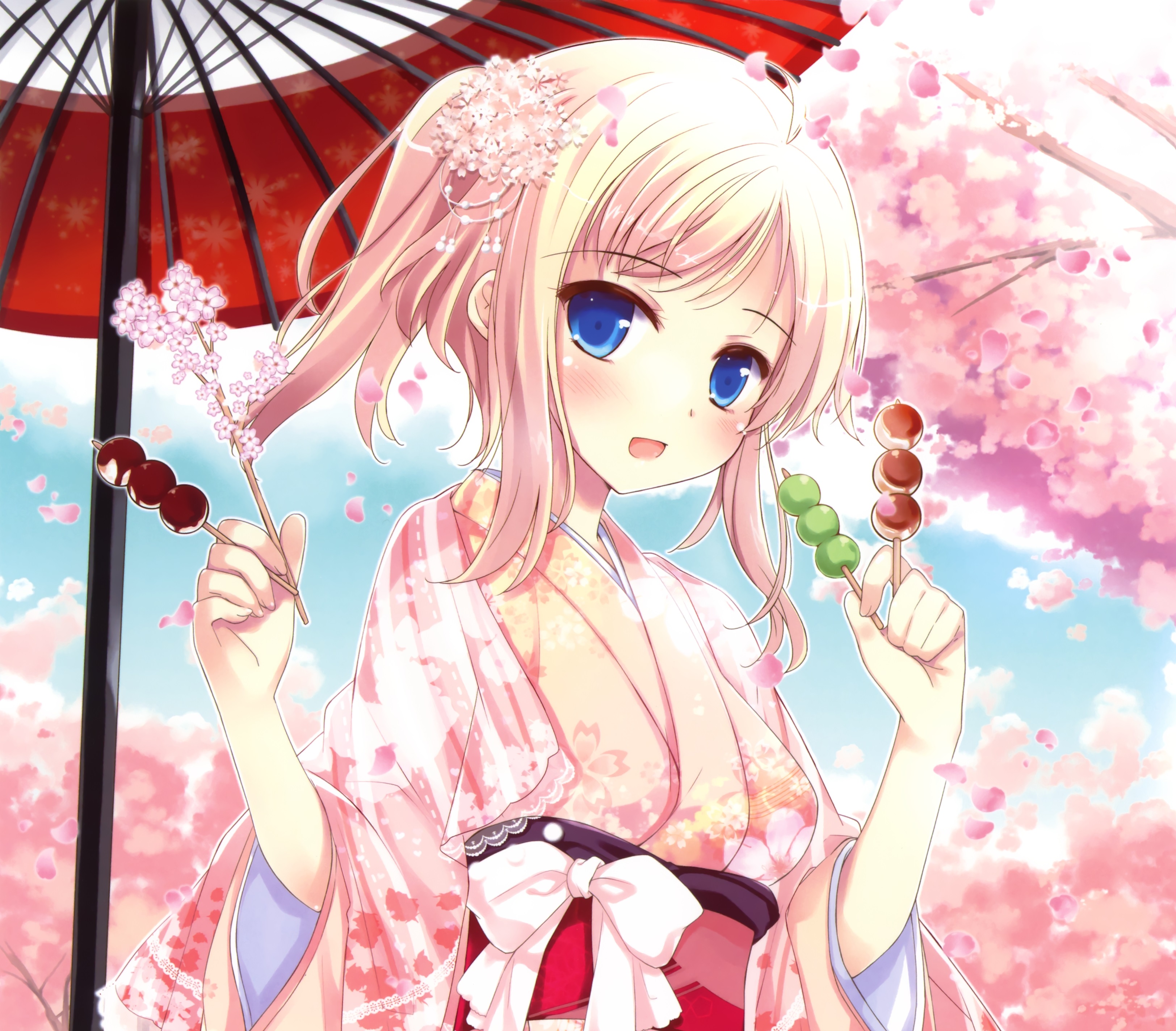 848552 Hintergrundbild herunterladen animes, original, blaue augen, erröten, schleife (kleidung), kirschblüte, kimono, sonnenschirm, pinkes haar, kurzes haar, lächeln - Bildschirmschoner und Bilder kostenlos