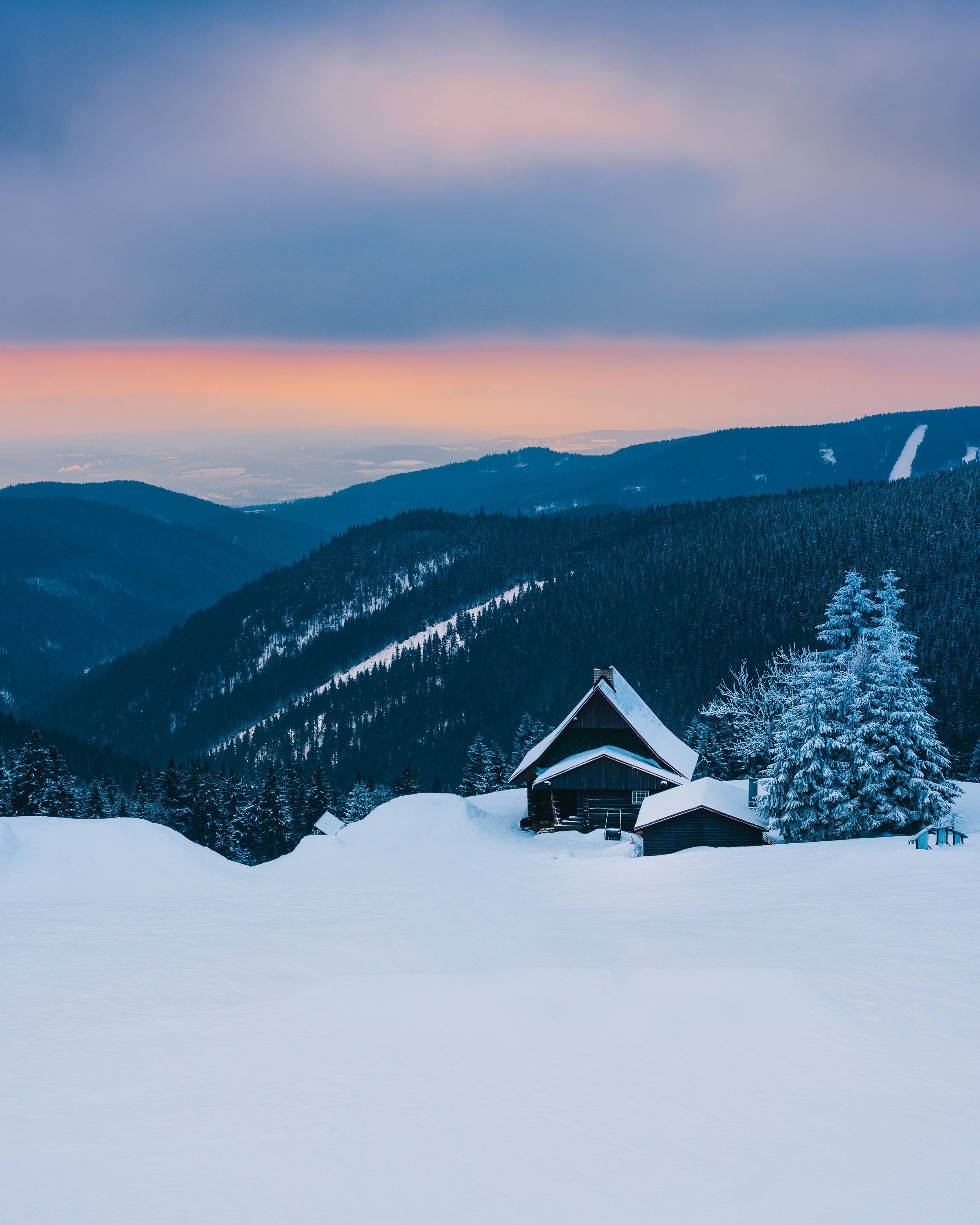 small house, hut, winter, nature, mountains, snow, alps, lodge phone wallpaper