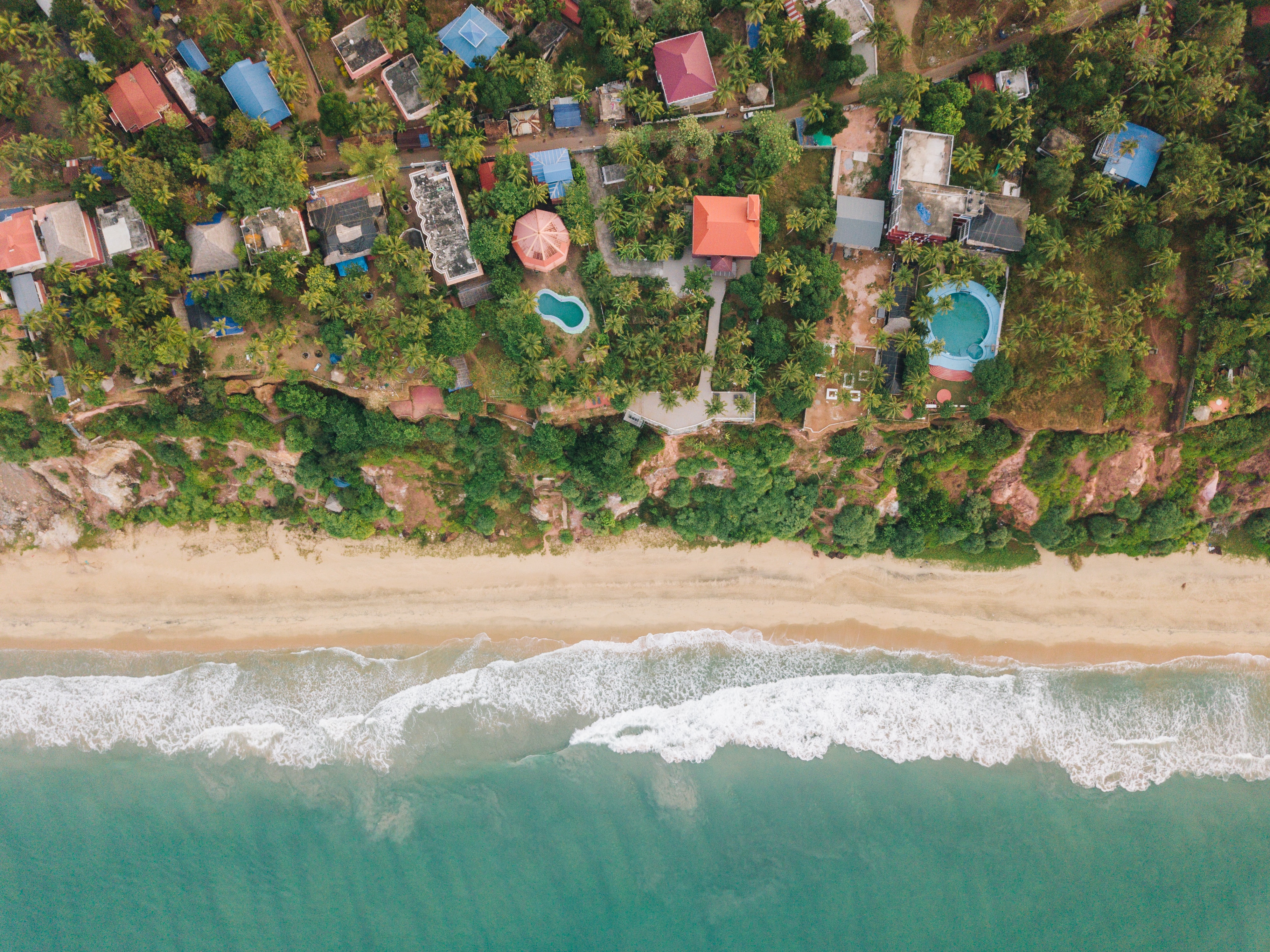 shore, view from above, nature, beach, palms, building, bank download HD wallpaper