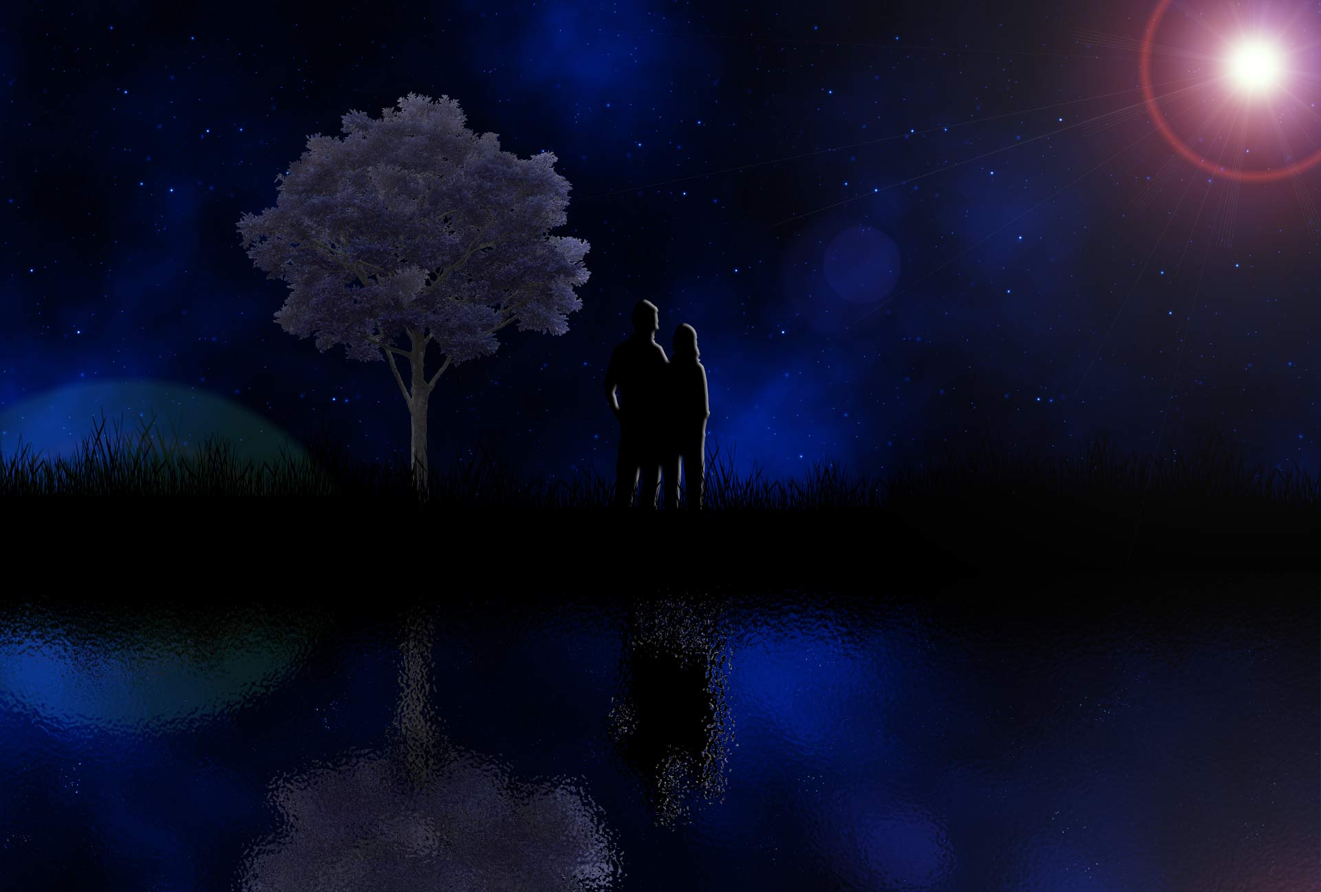 Free download wallpaper Moon, Love, Reflection, Silhouette, Couple, Tree, Artistic on your PC desktop