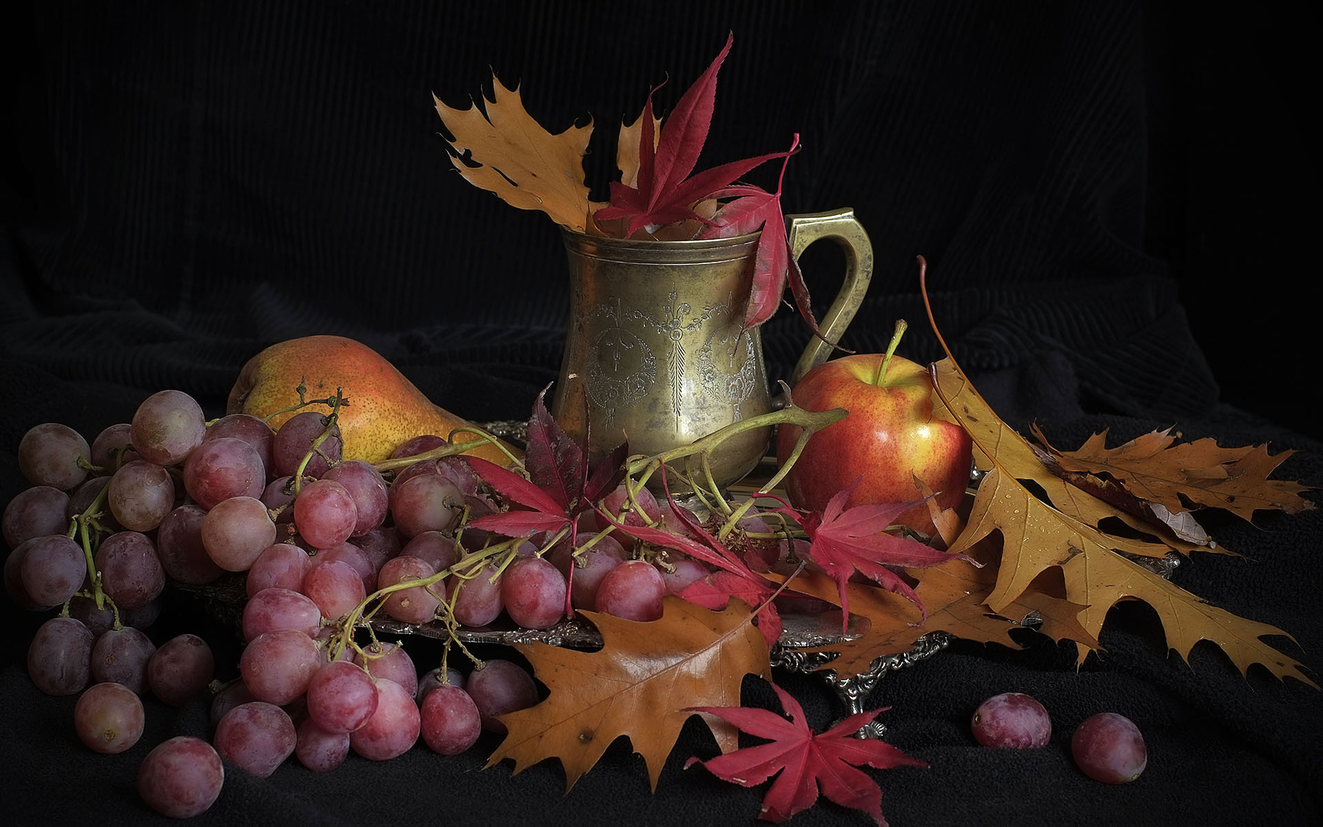 Download mobile wallpaper Food, Apple, Grapes, Still Life, Leaf, Fall, Pear for free.