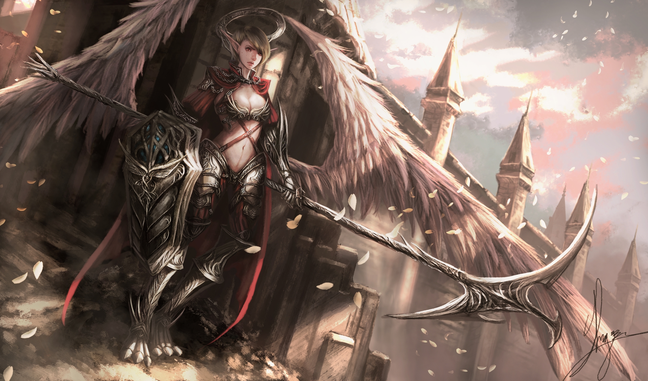 Free download wallpaper Fantasy, Weapon, Shield, Wings, Angel, Armor, Woman Warrior, Angel Warrior on your PC desktop