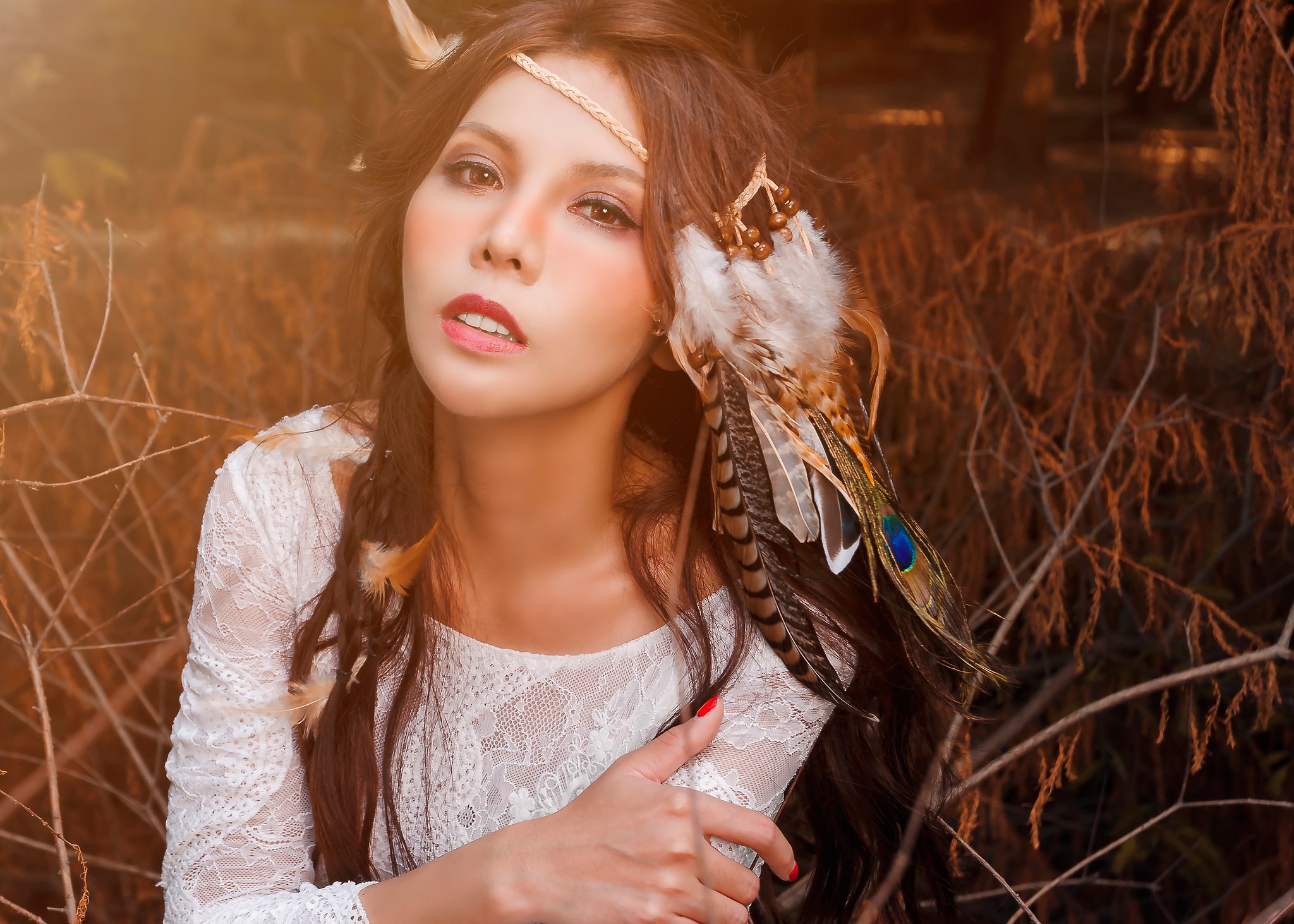 Download mobile wallpaper Feather, Brunette, Model, Women, Asian, Brown Eyes, Native American for free.