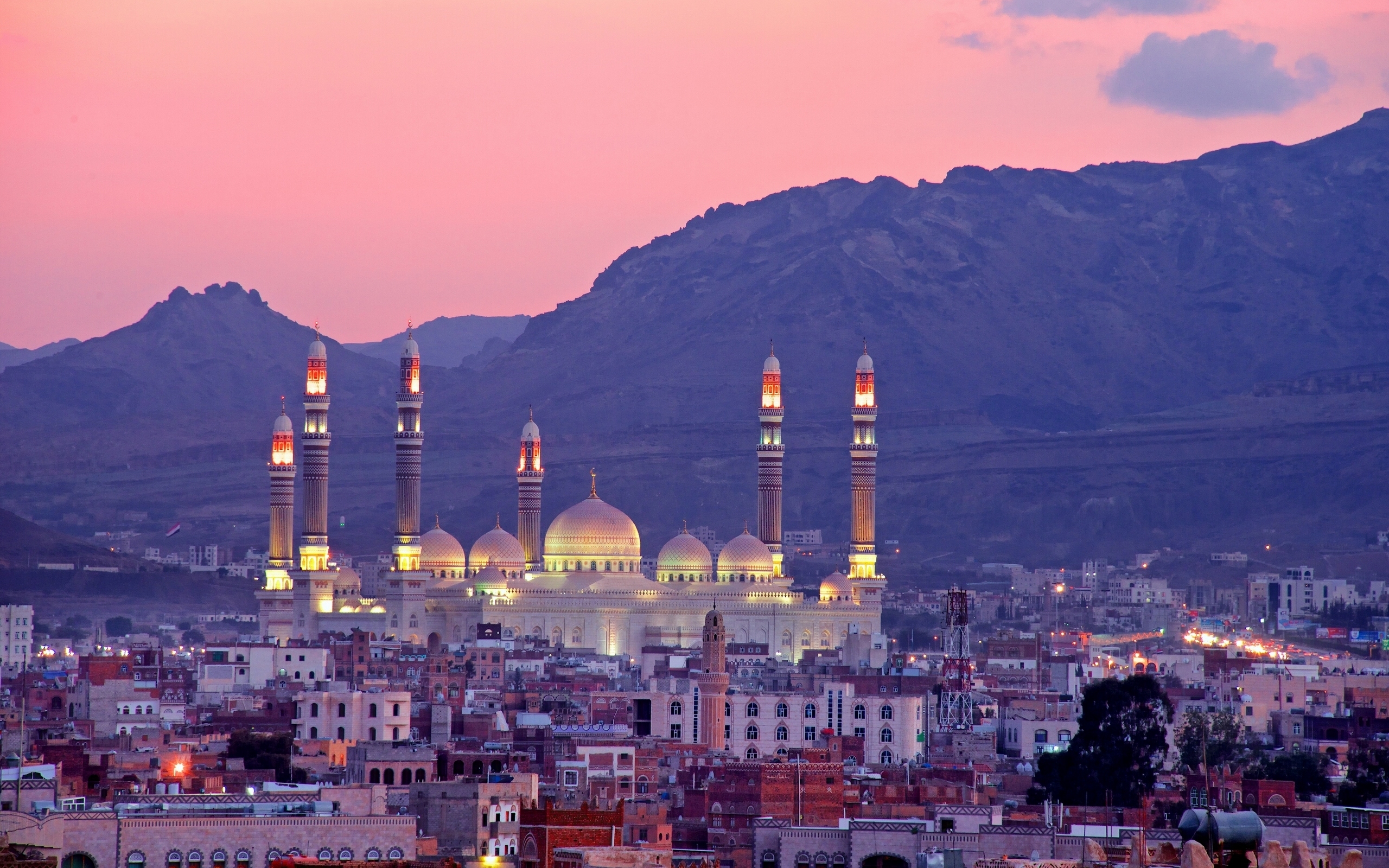 man made, sana'a, al saleh mosque, building, mountain, panorama, sunset, yemen, cities