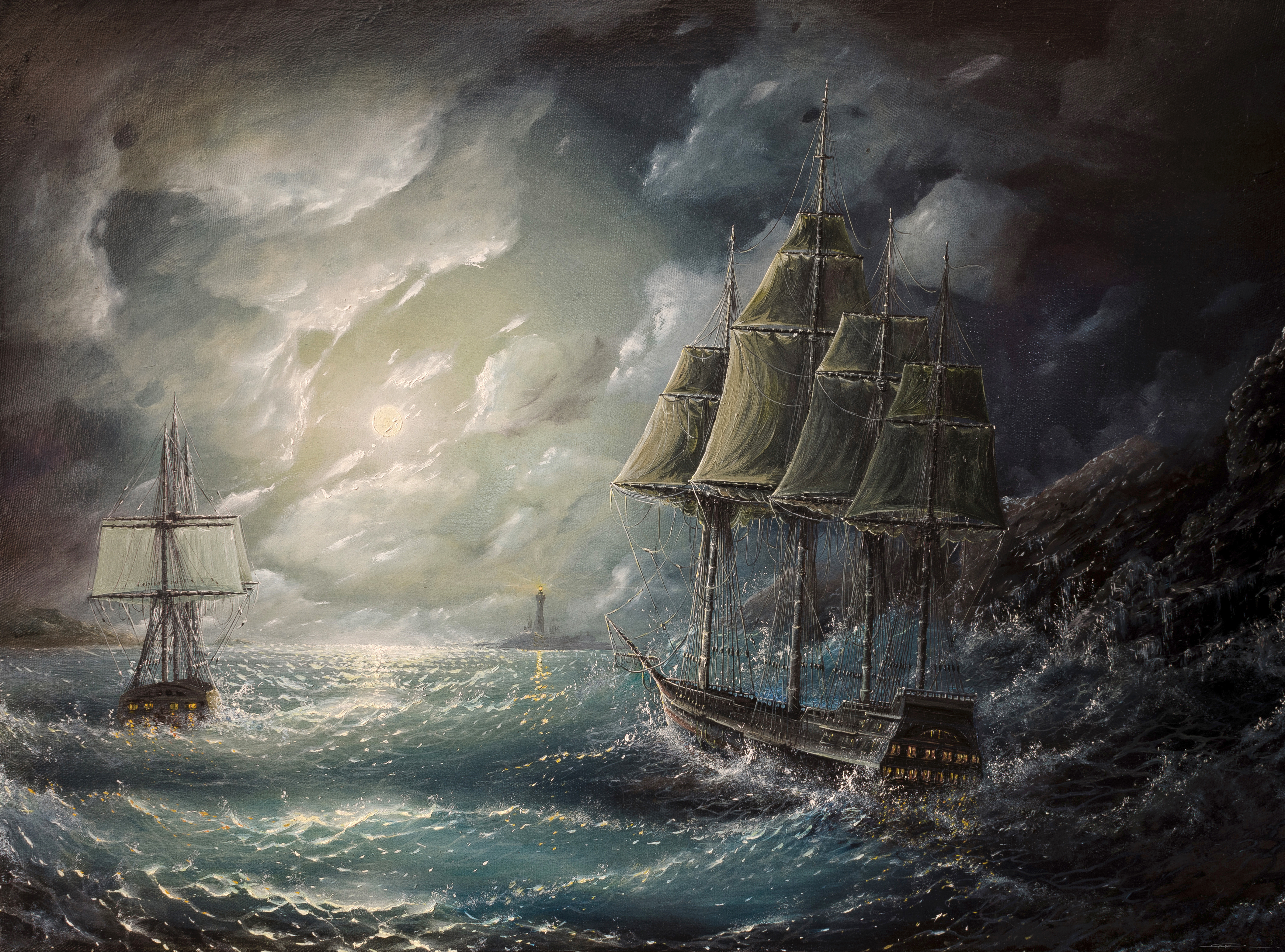 drawing, art, sail, picture, sea, storm HD wallpaper