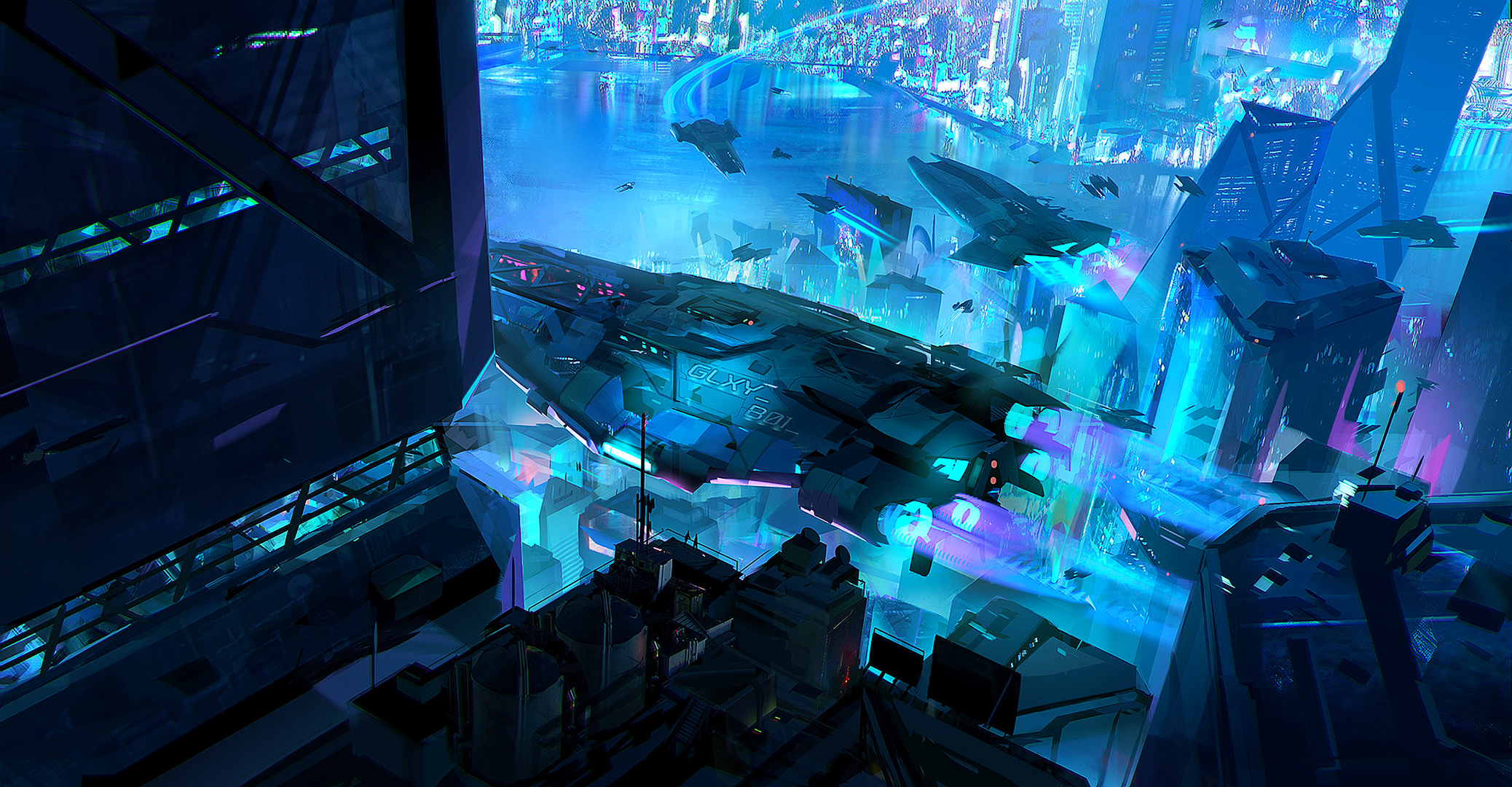 Download mobile wallpaper Night, City, Sci Fi, Spaceship, Cyberpunk Cityscape for free.