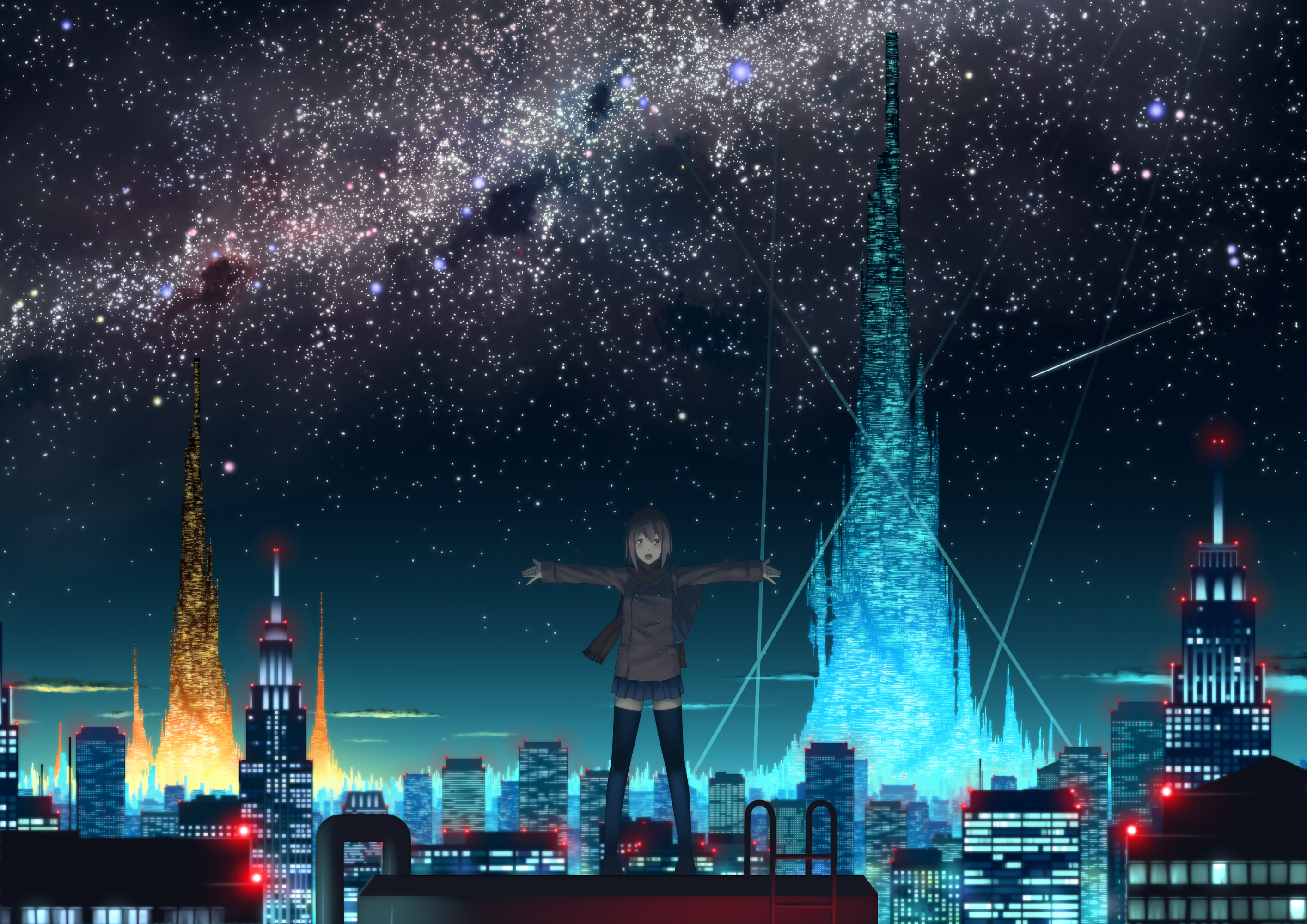 Laden Sie das Sterne, Nacht, Animes, Großstadt-Bild kostenlos auf Ihren PC-Desktop herunter