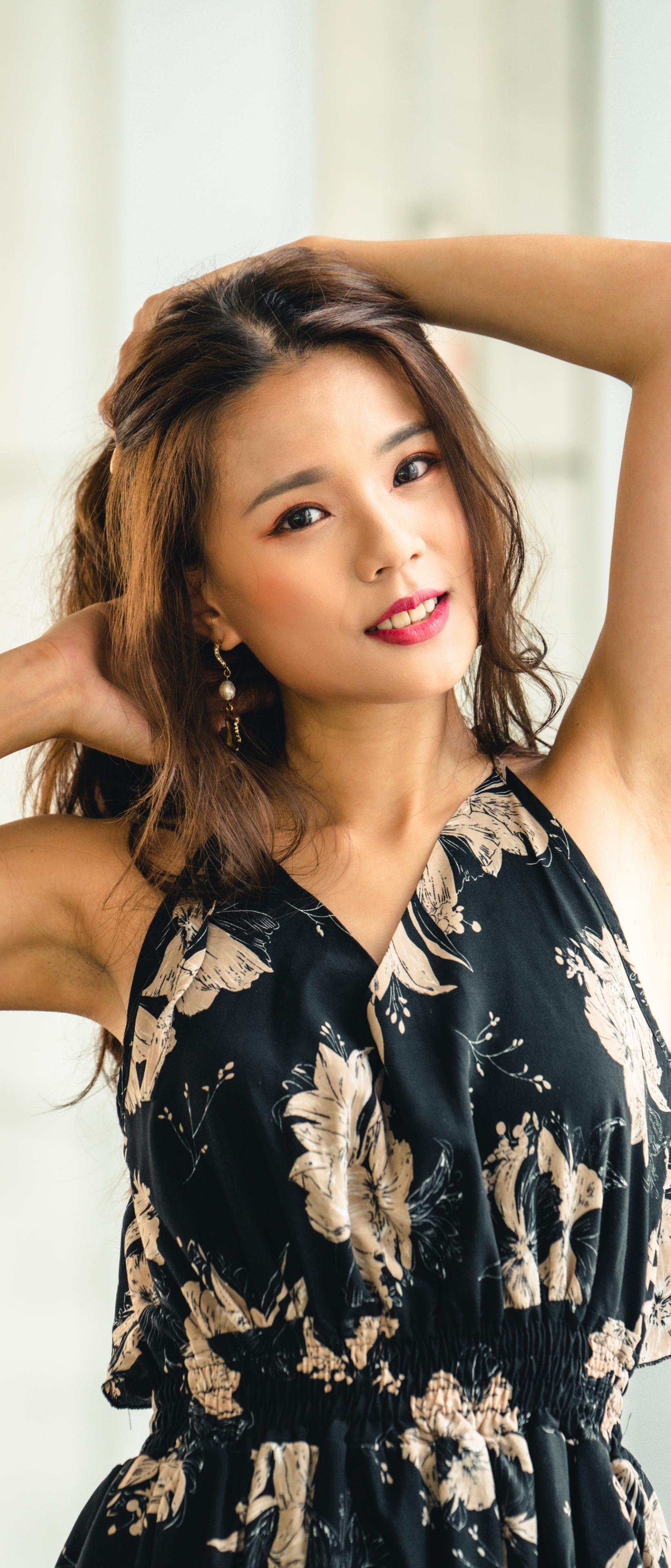 Download mobile wallpaper Smile, Dress, Model, Women, Asian, Lipstick for free.