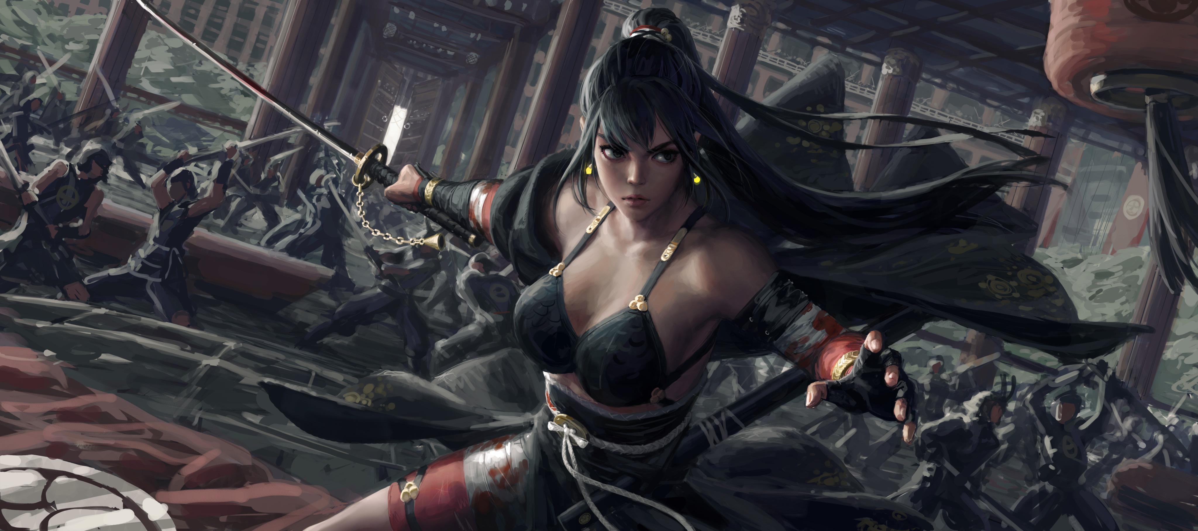 Free download wallpaper Fantasy, Weapon, Fight, Samurai, Sword, Katana, Black Hair, Long Hair, Woman Warrior on your PC desktop