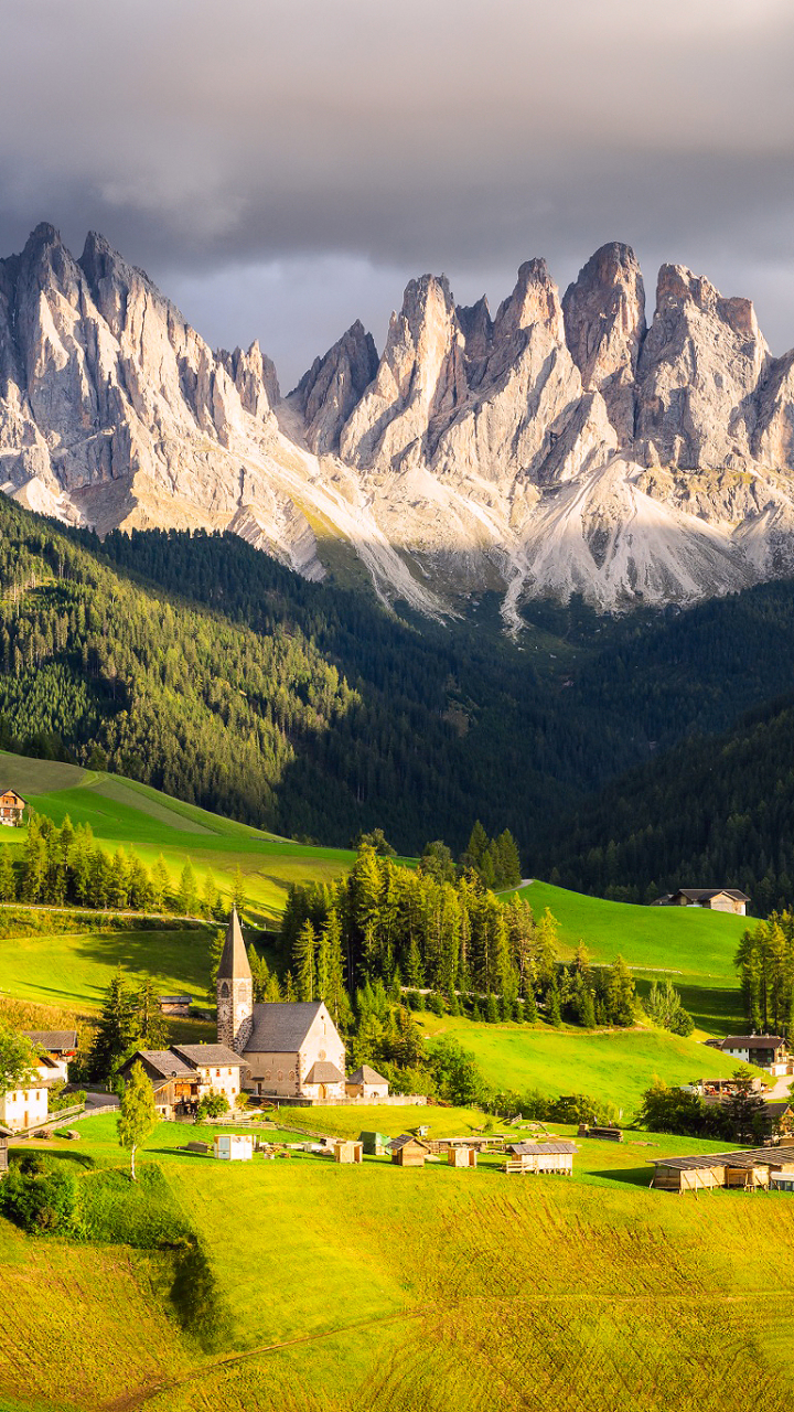 Download mobile wallpaper Landscape, Nature, Grass, Italy, Mountain, House, Alps, Village, Photography, Dolomites for free.
