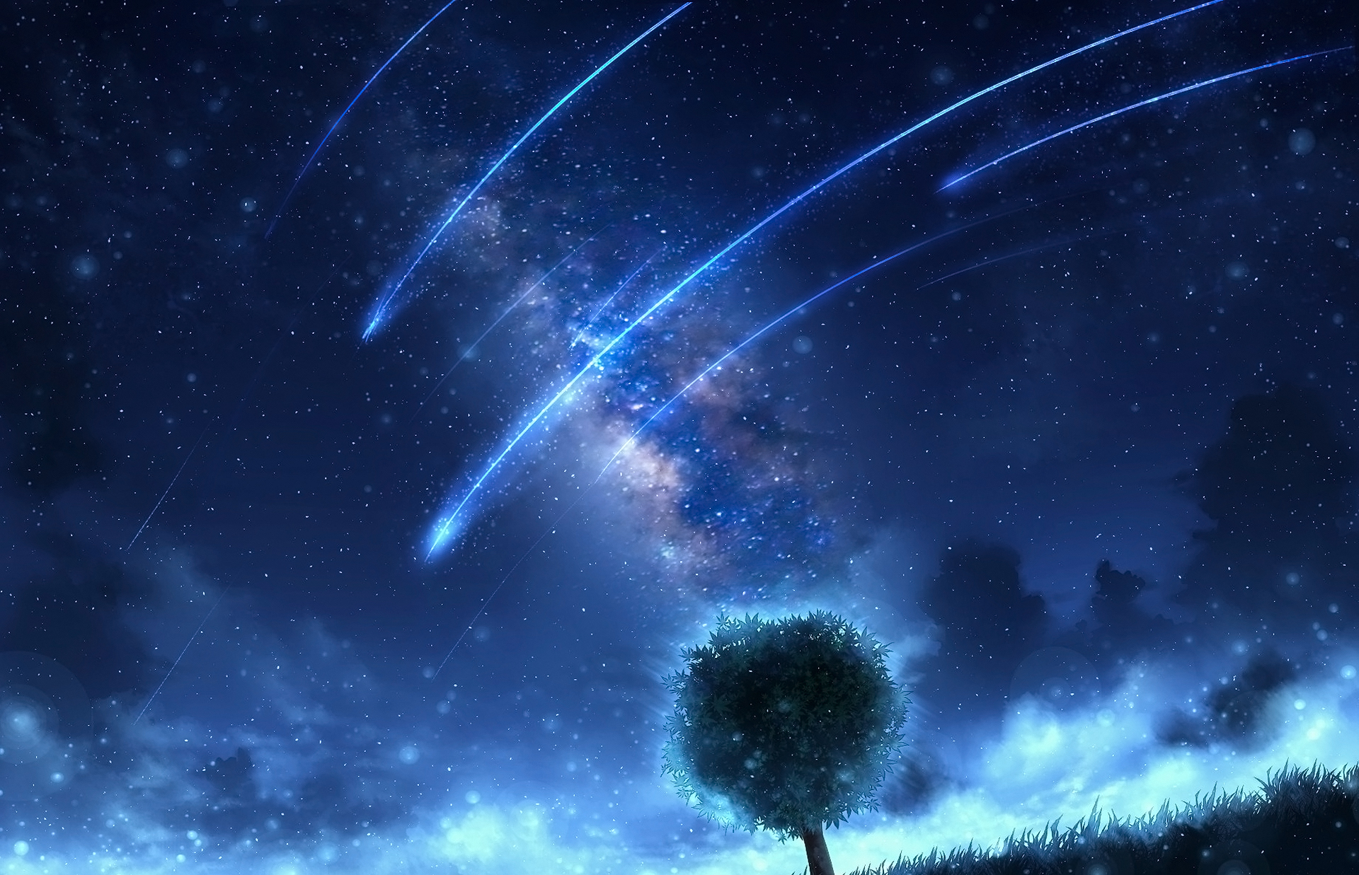 865470 скачать обои звездное небо, аниме, оригинал, одинокое дерево - заставки и картинки бесплатно