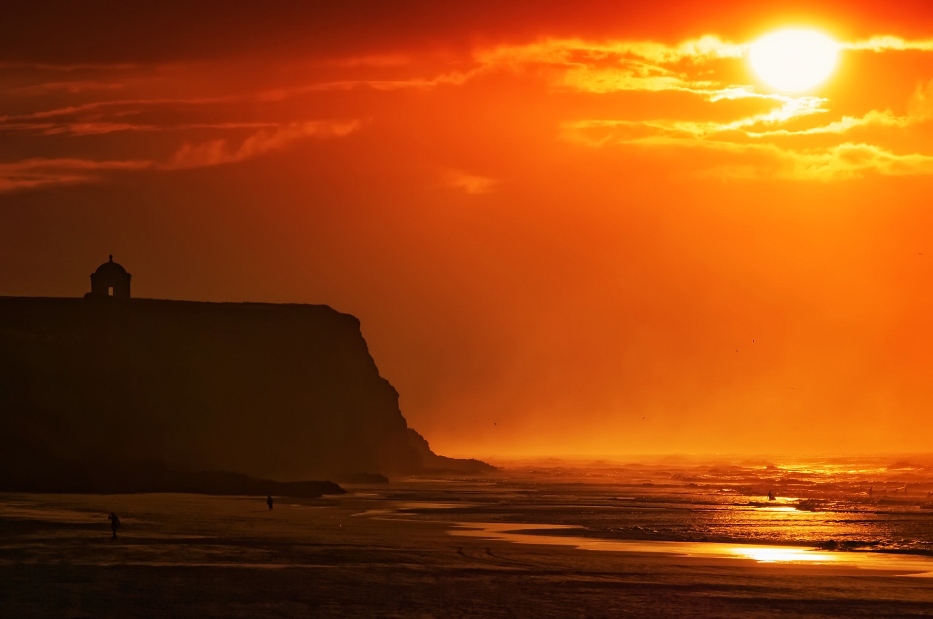 Download mobile wallpaper Sunset, Sun, Beach, Horizon, Silhouette, Ocean, Photography, Orange (Color) for free.