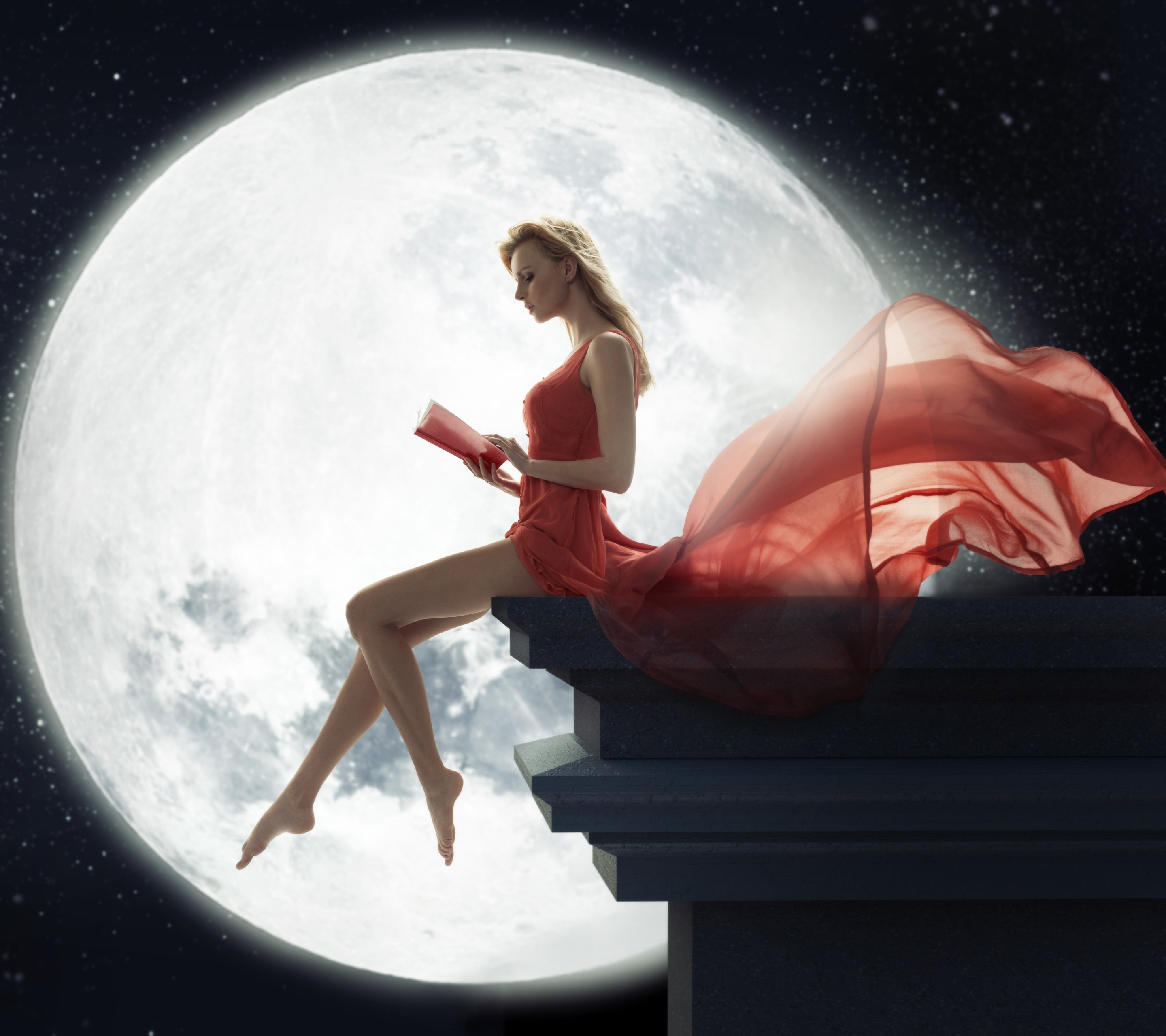 Free download wallpaper Fantasy, Moon, Book, Women, Red Dress, Gown on your PC desktop