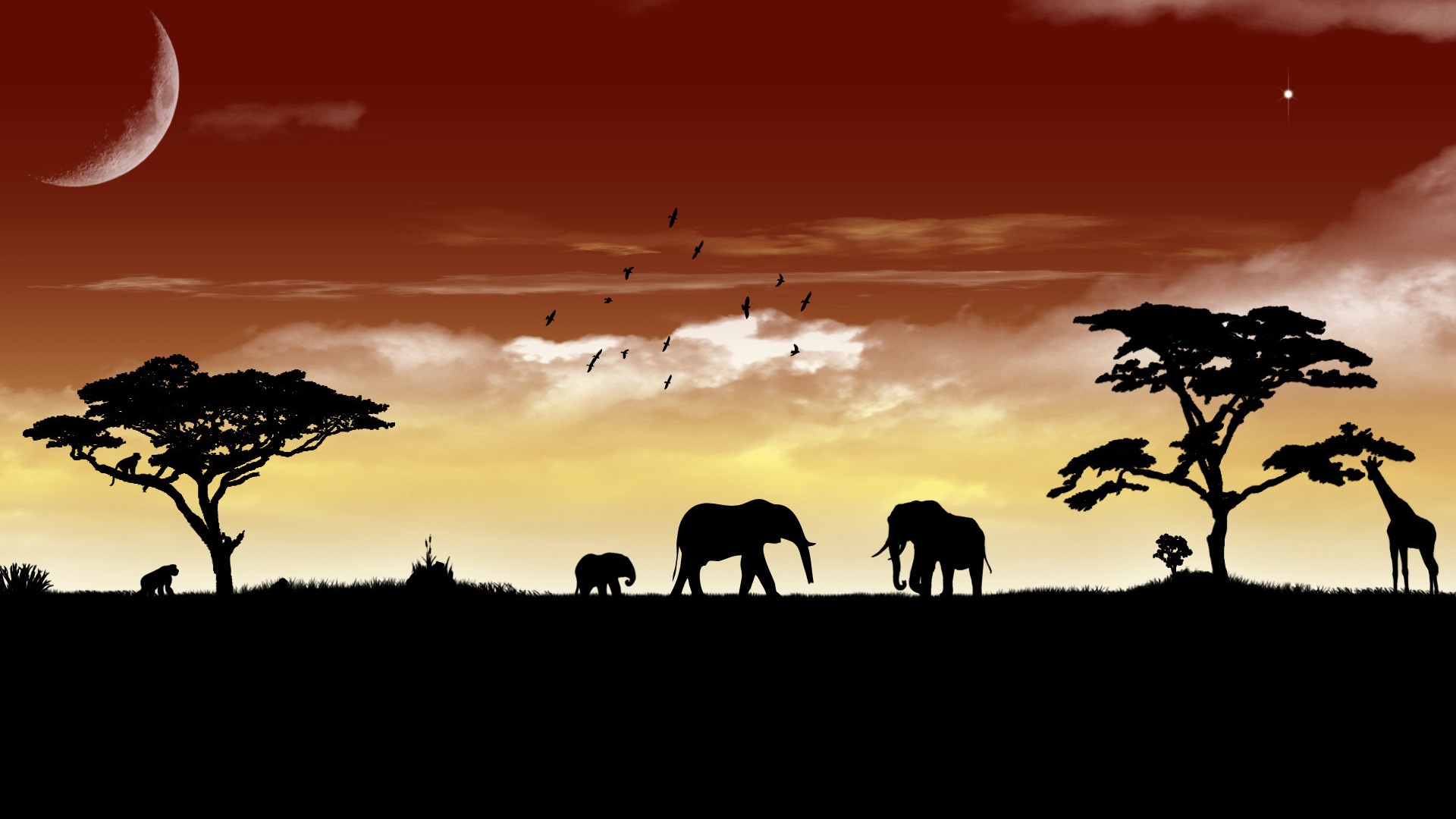 Download mobile wallpaper Sunset, Vector, Silhouette, Artistic, Giraffe, Elephant, Africa for free.