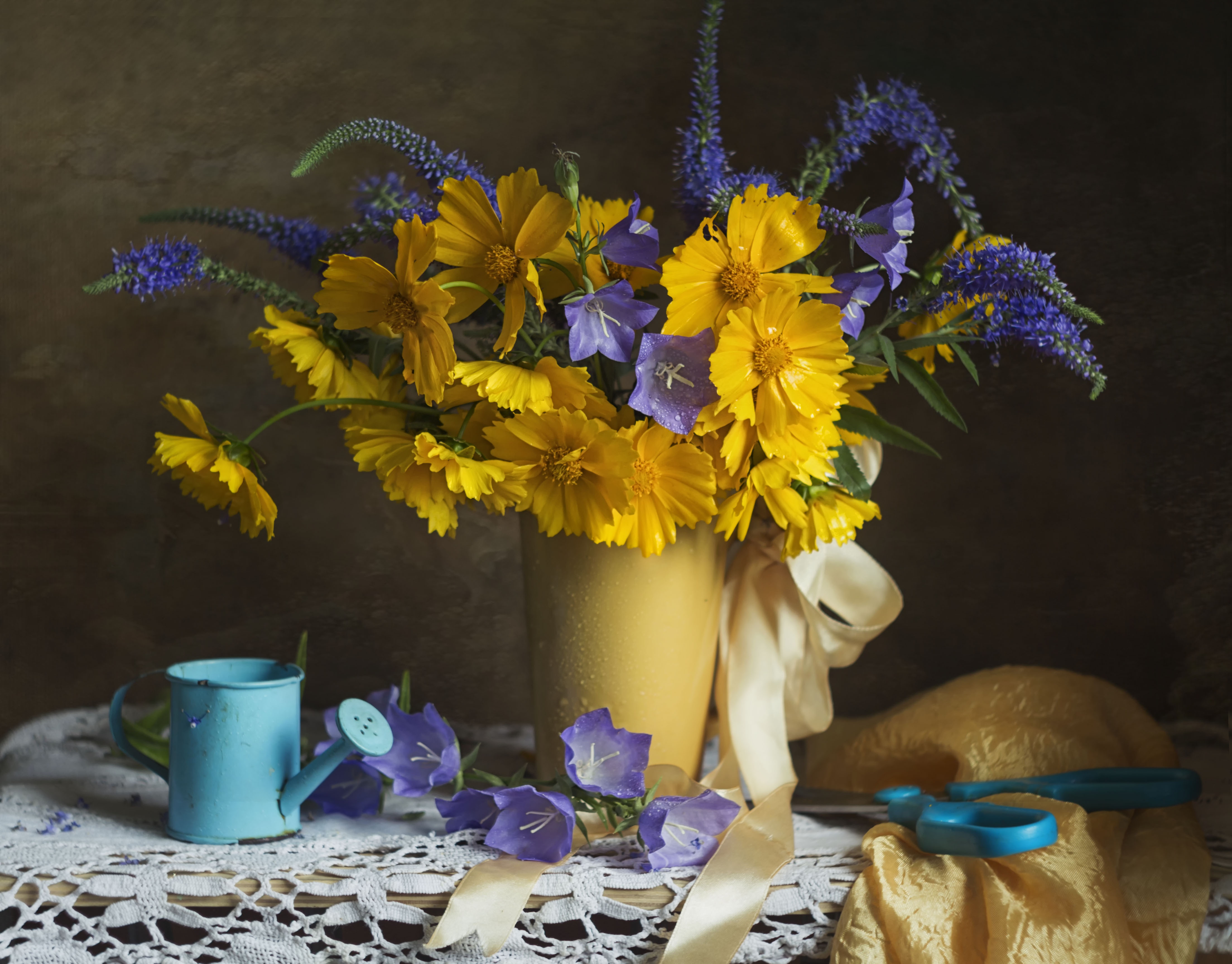 still life, photography, bellflower, bouquet, cosmos, flower, watering can