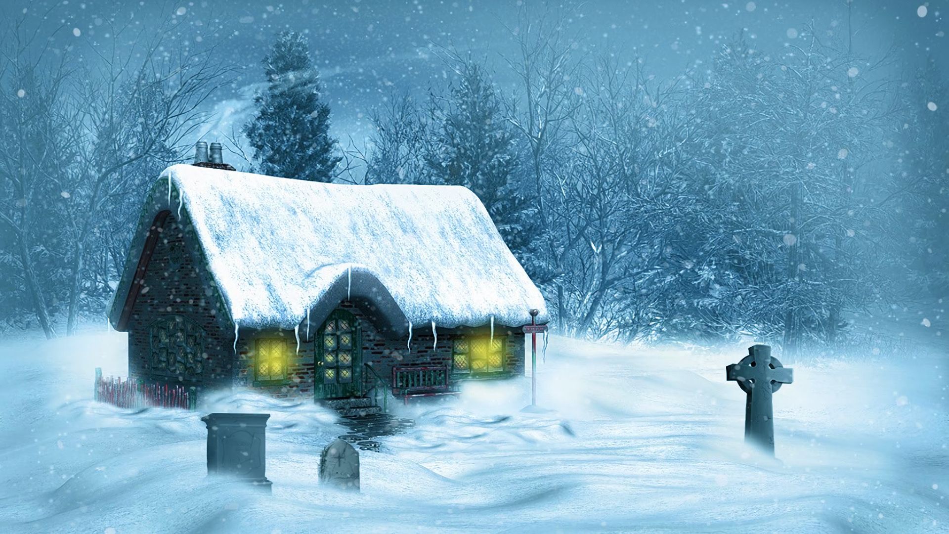 Handy-Wallpaper Winter, Schnee, Baum, Haus, Hütte, Schneefall, Künstlerisch, Keltisches Kreuz kostenlos herunterladen.