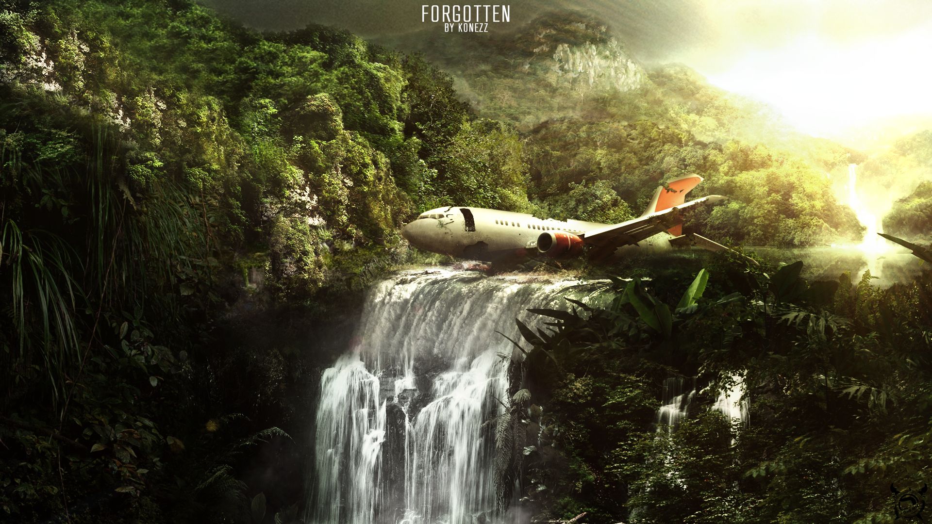 Free download wallpaper Landscape, Fantasy, Waterfall, Airplane, Sunlight, Tropical, Jungle on your PC desktop