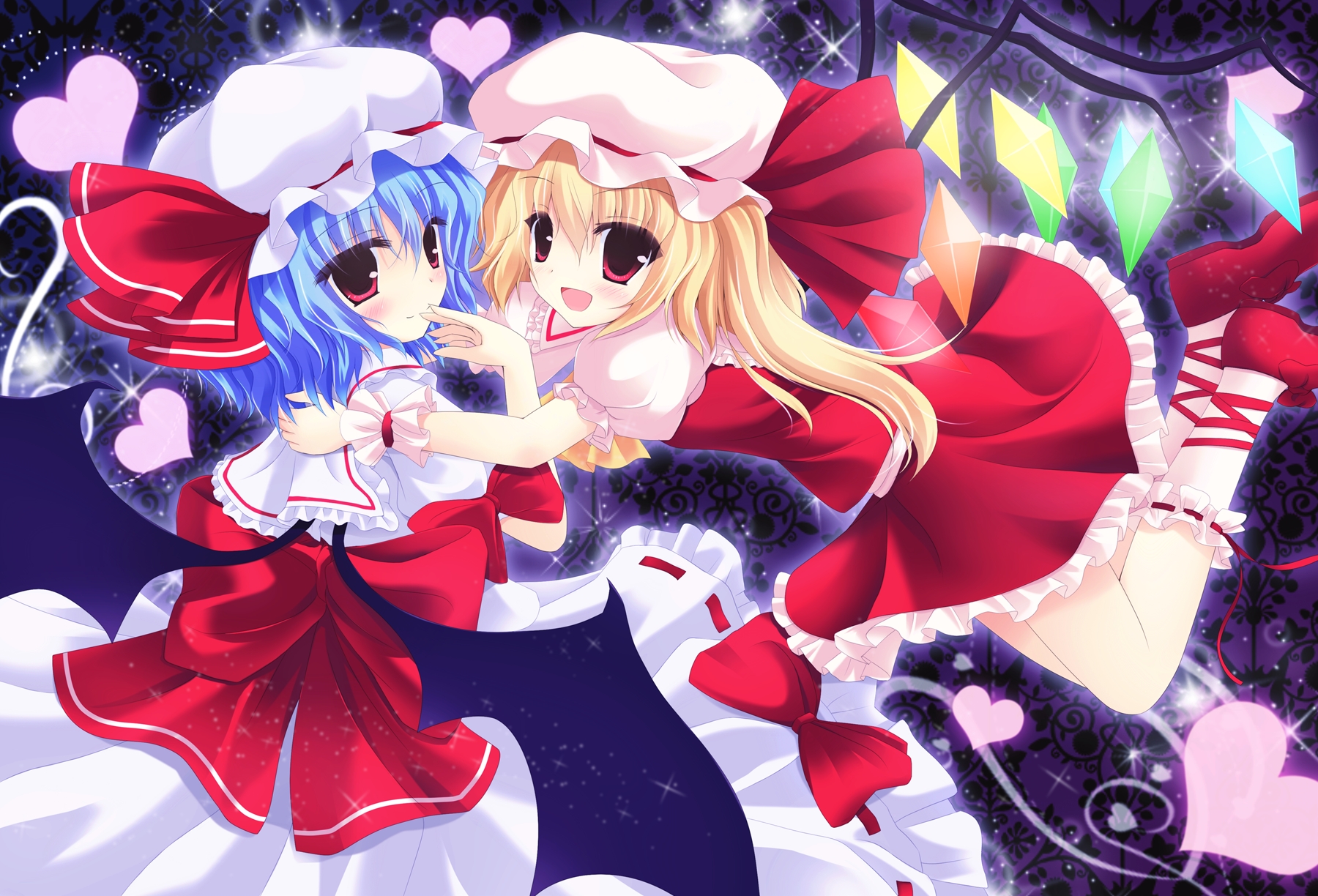 Download mobile wallpaper Flandre Scarlet, Remilia Scarlet, Touhou, Heart, Blue Hair, Wings, Blonde, Stars, Red Eyes, Anime for free.