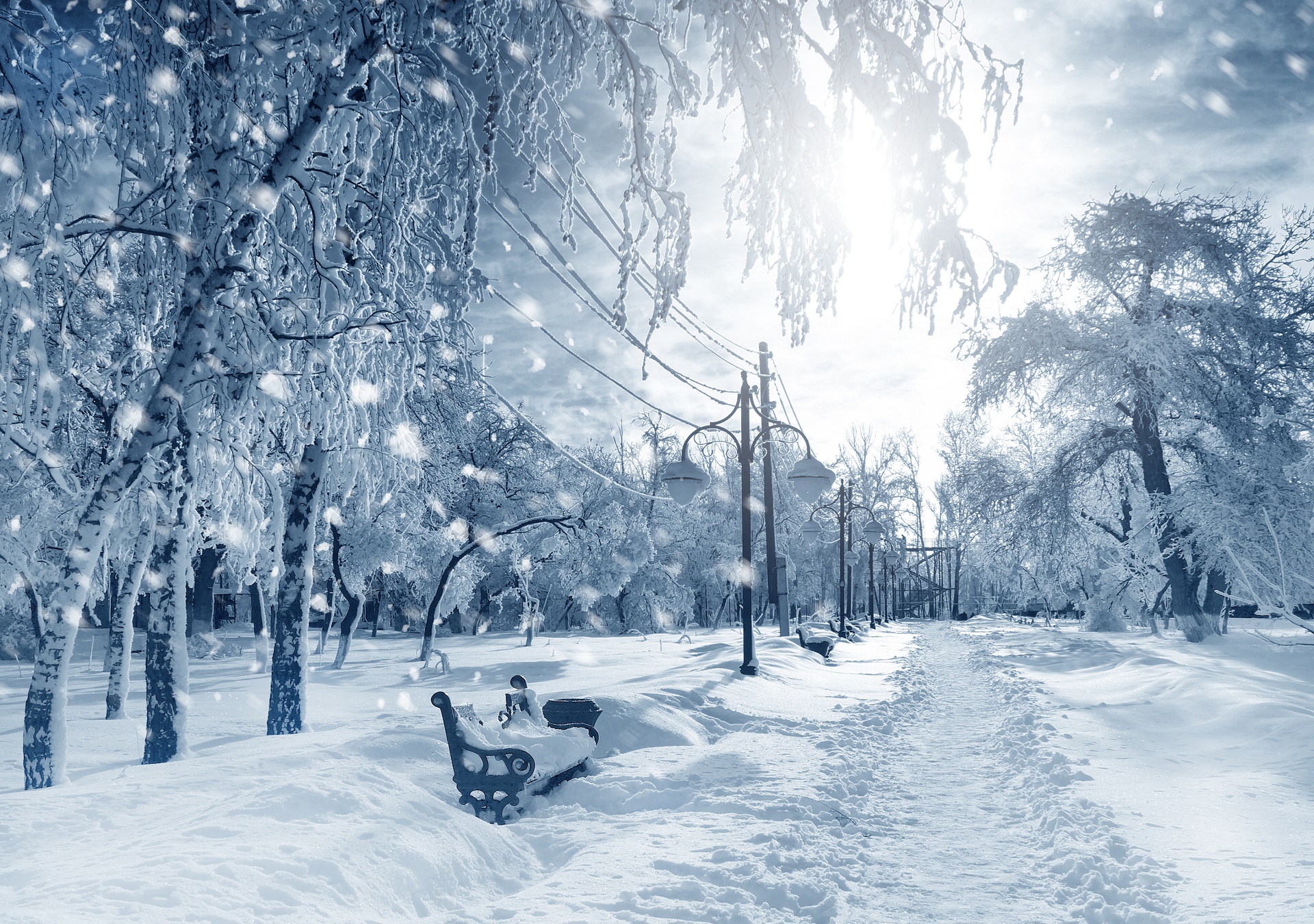 Скачать обои бесплатно Зима, Снег, Парк, Скамейка, Фотографии, Уличный Фонарь картинка на рабочий стол ПК