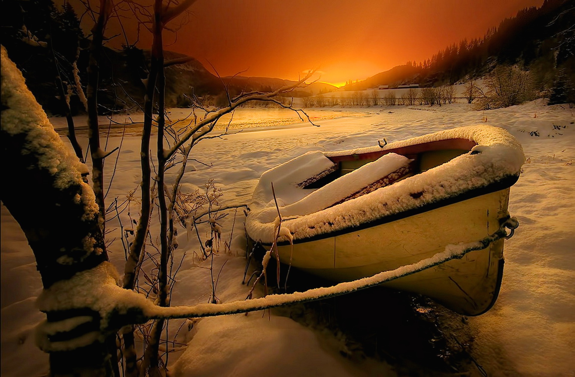 Free download wallpaper Winter, Sunset, Snow, Boat, Vehicles on your PC desktop