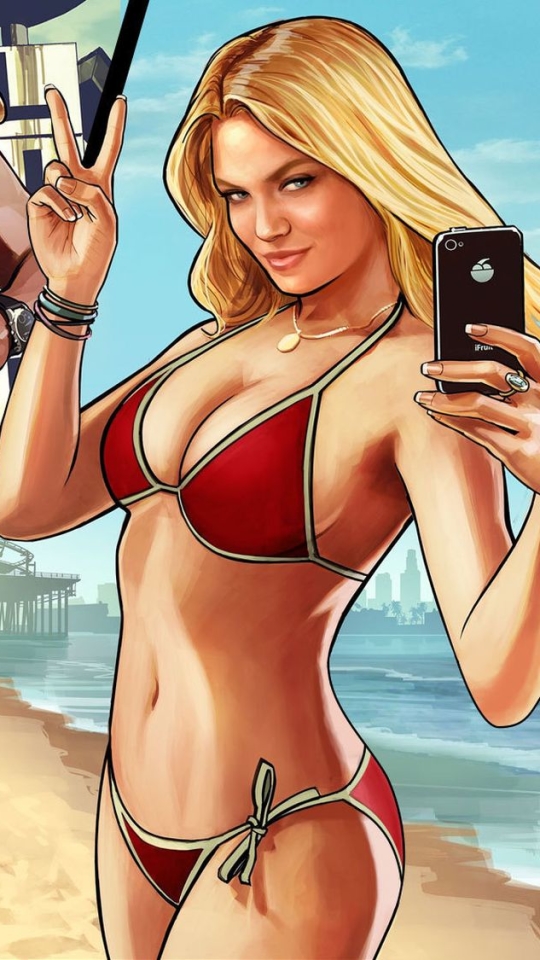 Скачати мобільні шпалери Grand Theft Auto, Блондинка, Телефон, Відеогра, Бікіні, Grand Theft Auto V, Знак Миру безкоштовно.