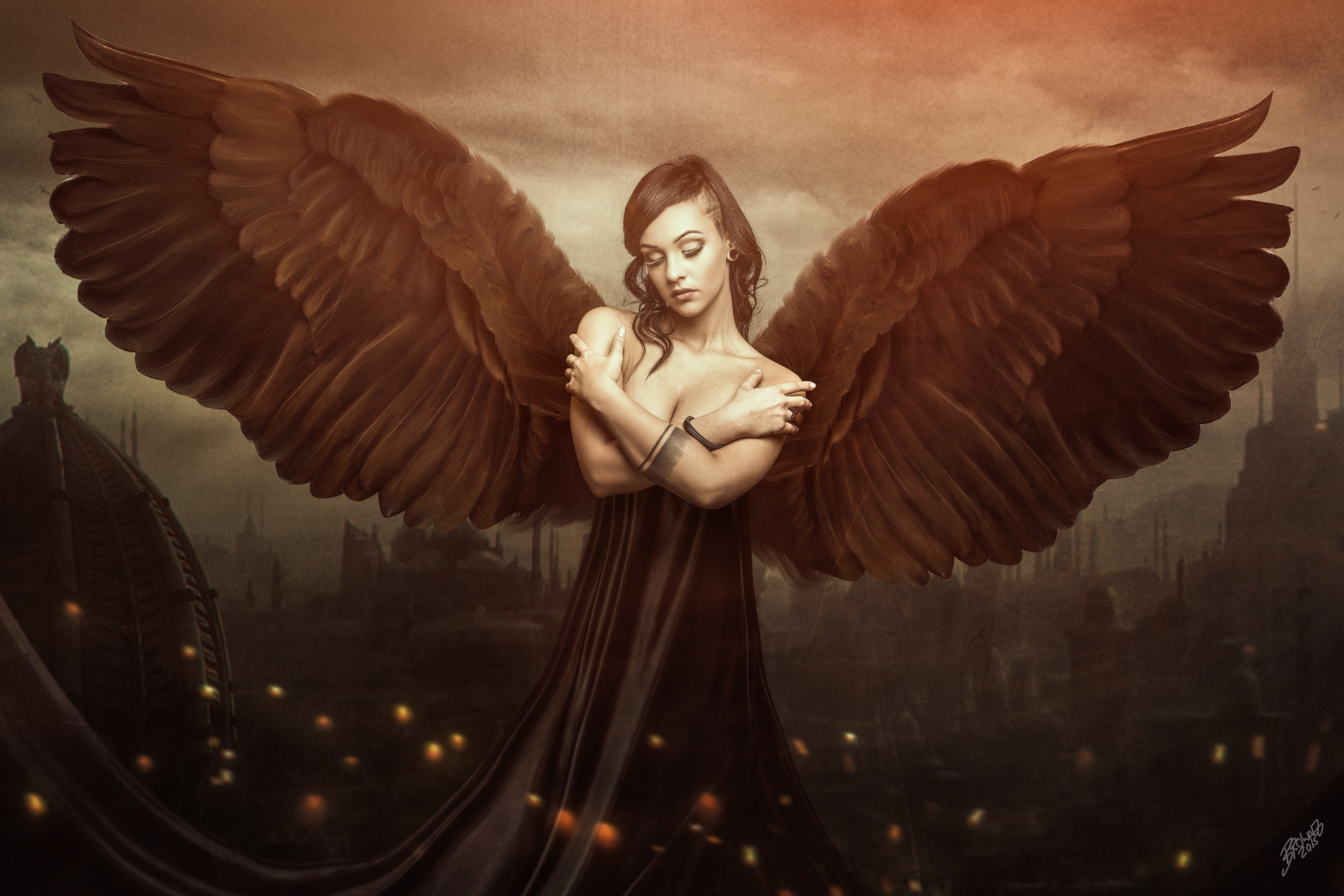 Download mobile wallpaper Fantasy, City, Dark, Light, Wings, Angel for free.