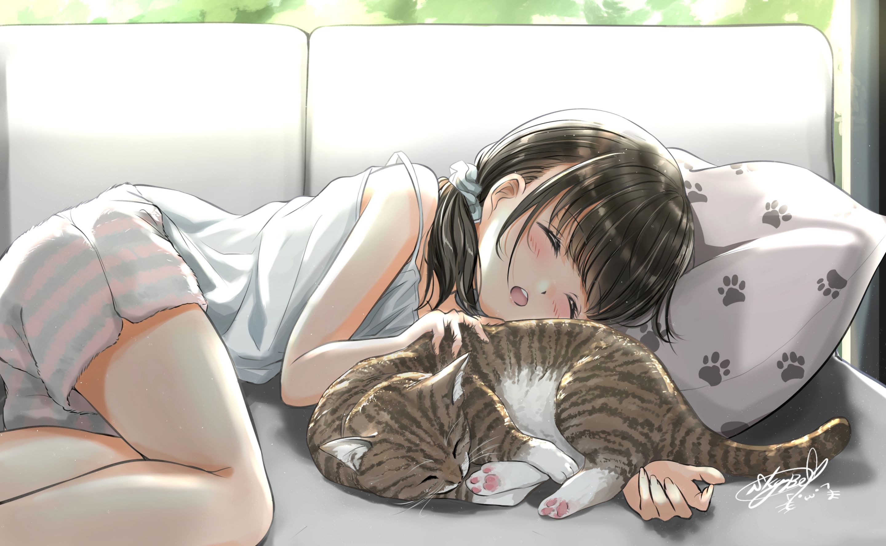 Laden Sie das Mädchen, Katze, Schlafen, Animes-Bild kostenlos auf Ihren PC-Desktop herunter