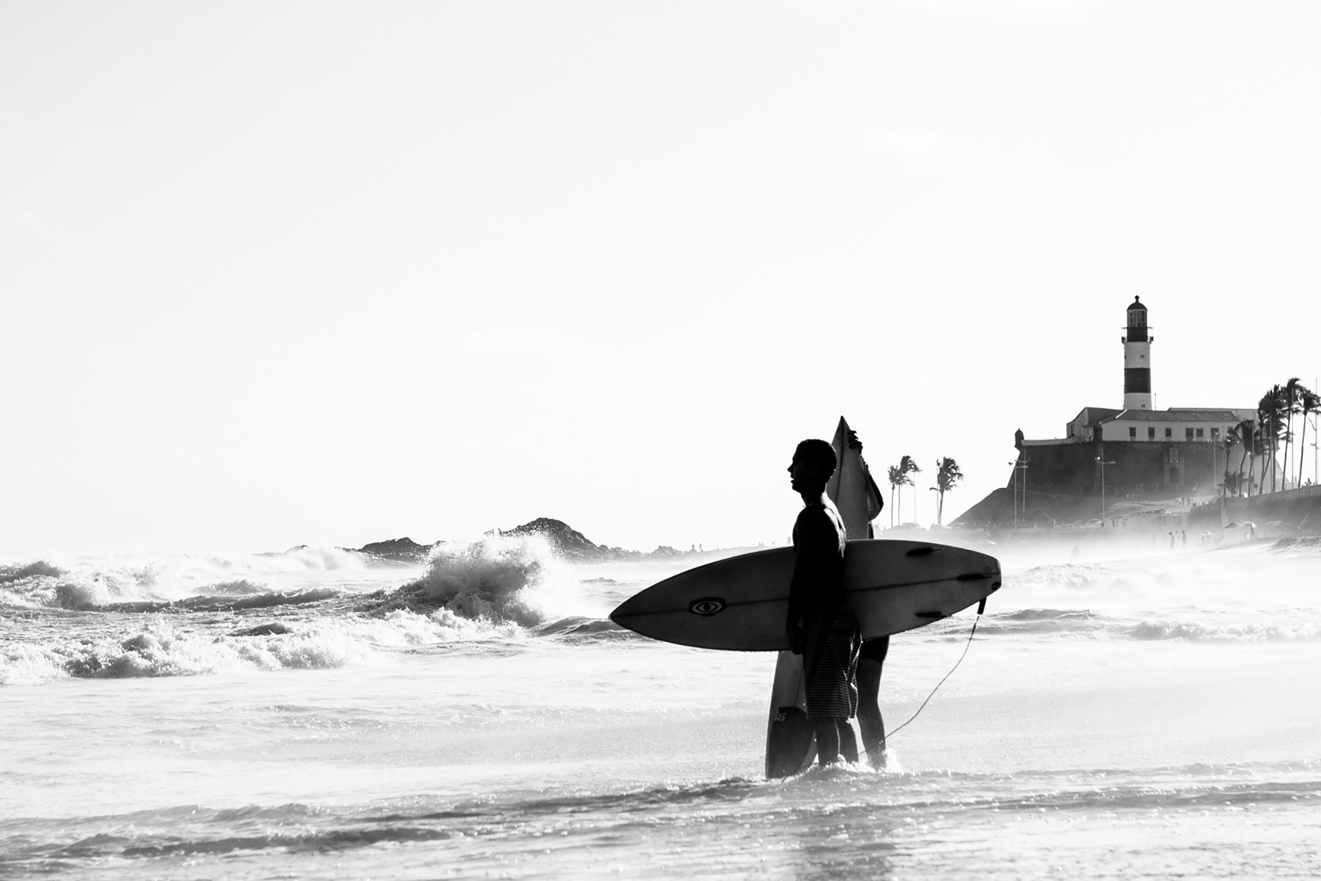 Download mobile wallpaper Sports, Silhouette, Lighthouse, Surfing, Black & White for free.