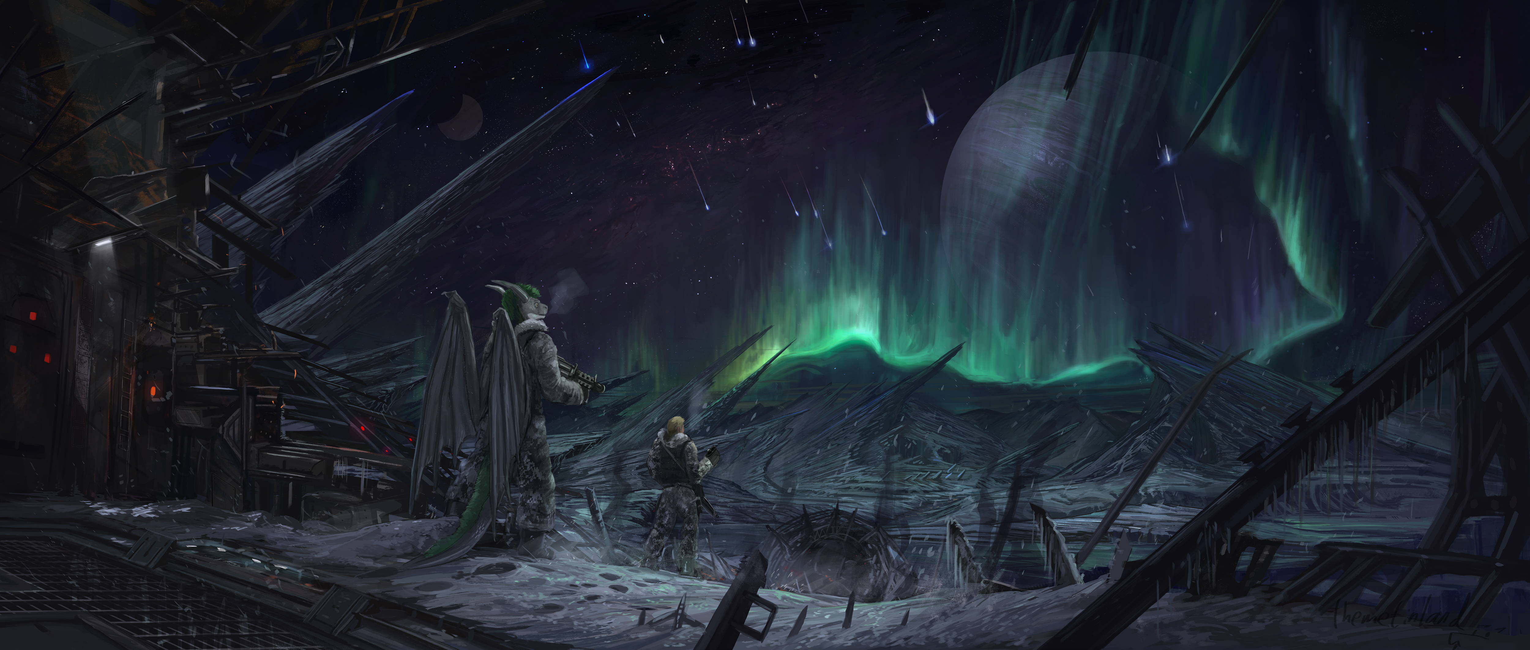 Download mobile wallpaper Landscape, Night, Aurora Borealis, Warrior, Creature, Sci Fi for free.
