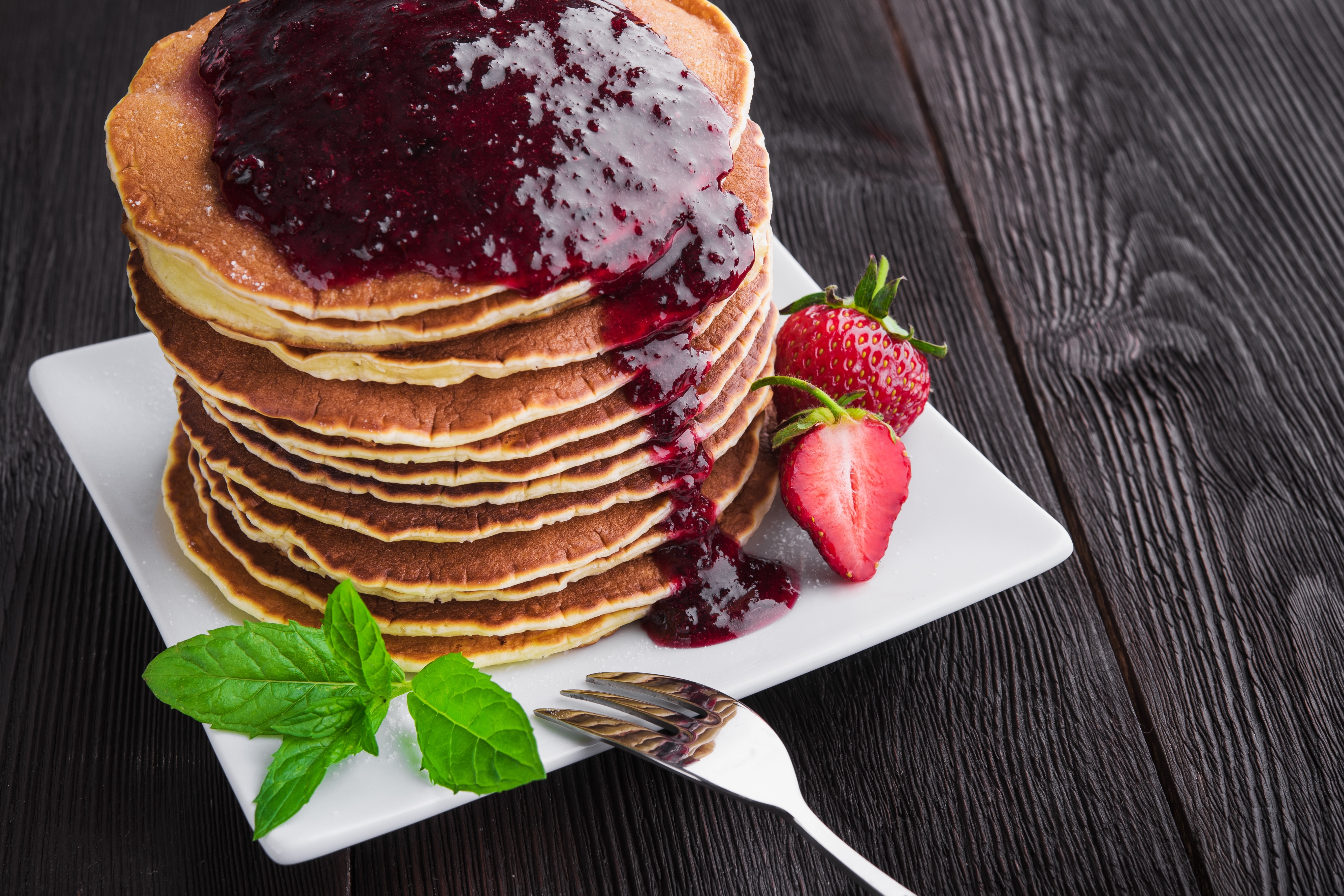 Download mobile wallpaper Food, Strawberry, Berry, Jam, Pancake for free.