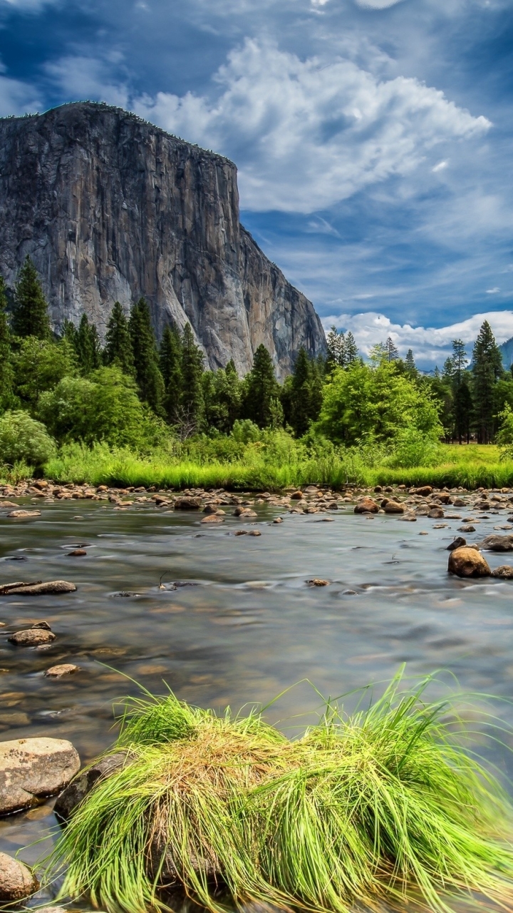 Download mobile wallpaper Landscape, Nature, Mountain, Tree, Earth, Cliff, Stream, National Park, Cloud, Yosemite National Park for free.
