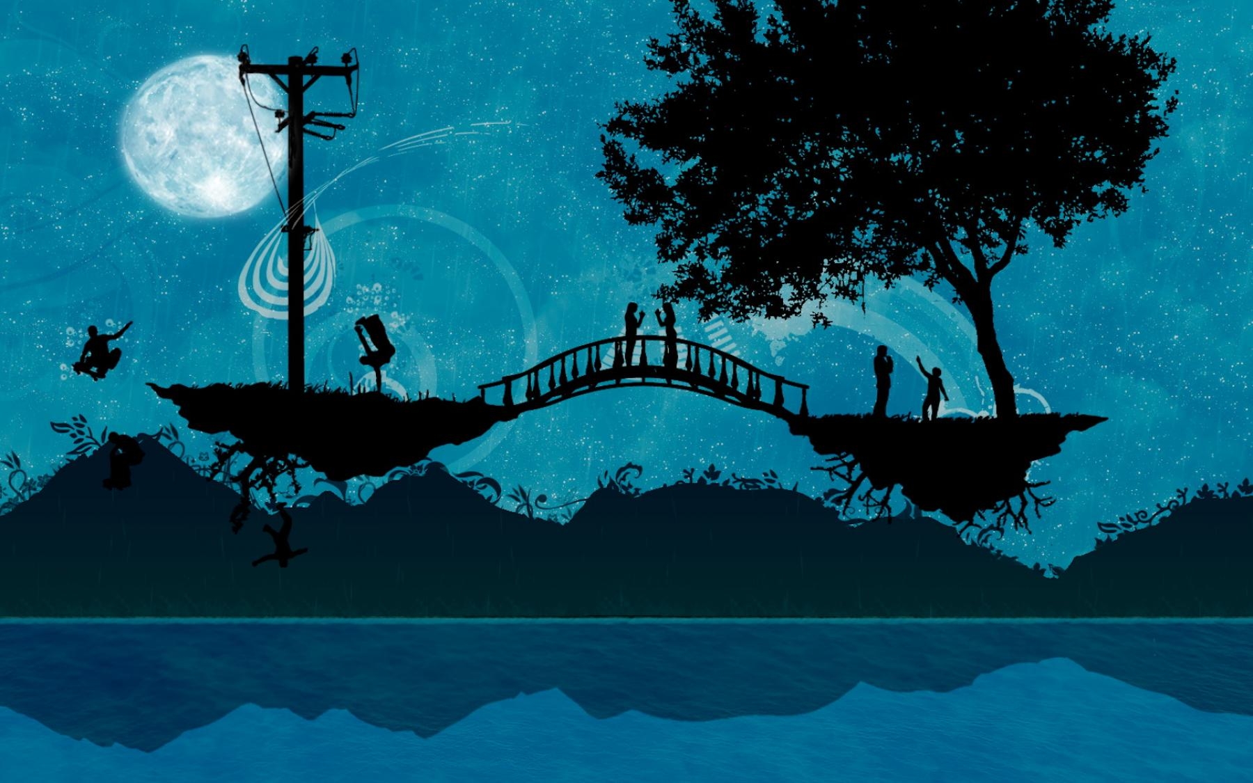 silhouettes, wire, romance, people, trees, sea, vector, bridge, wires, islands, islets
