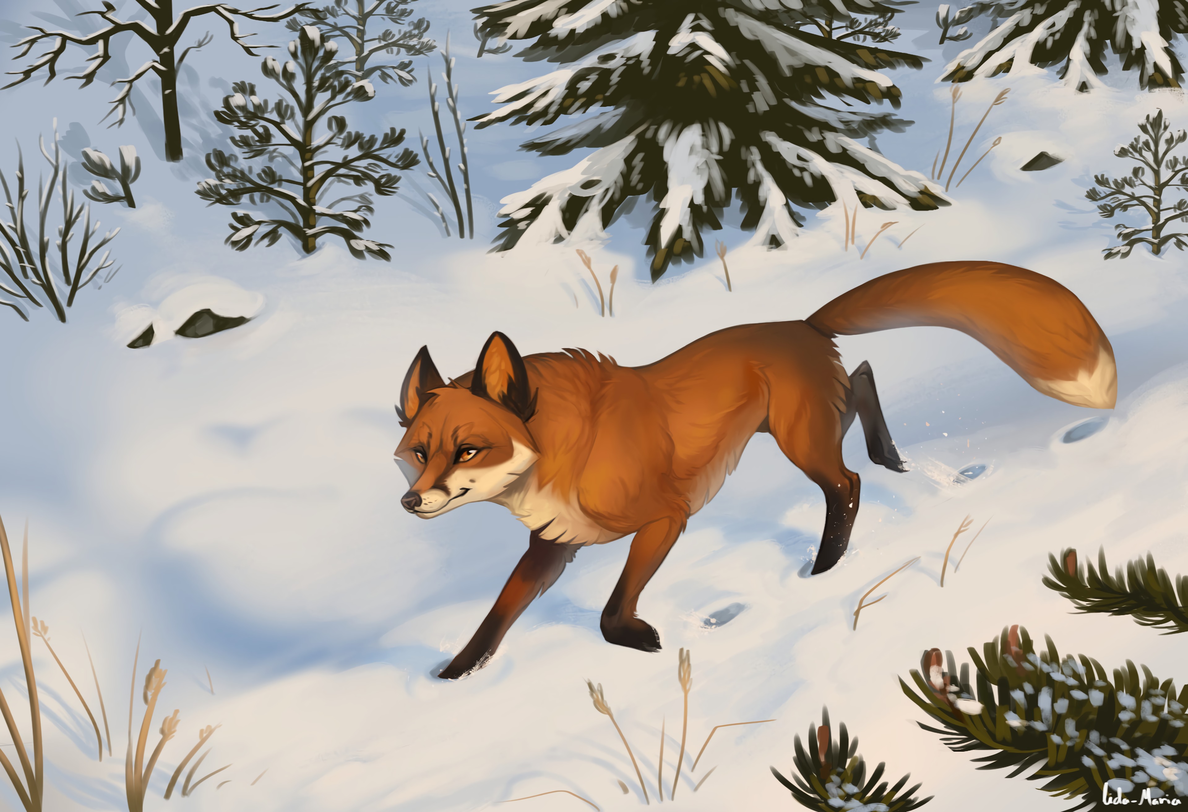 Free download wallpaper Snow, Winter, Fox, Forest, Art on your PC desktop