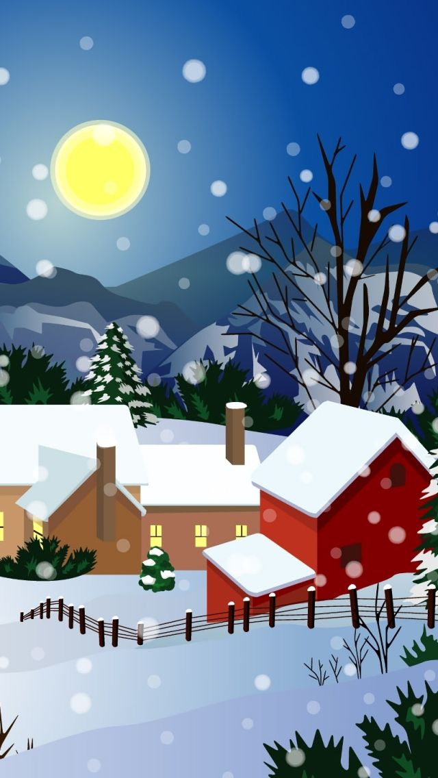 Скачать картинку Зима, Ночь, Луна, Снег, Город, Дерево, Дом, Церковь, Городок, Художественные в телефон бесплатно.