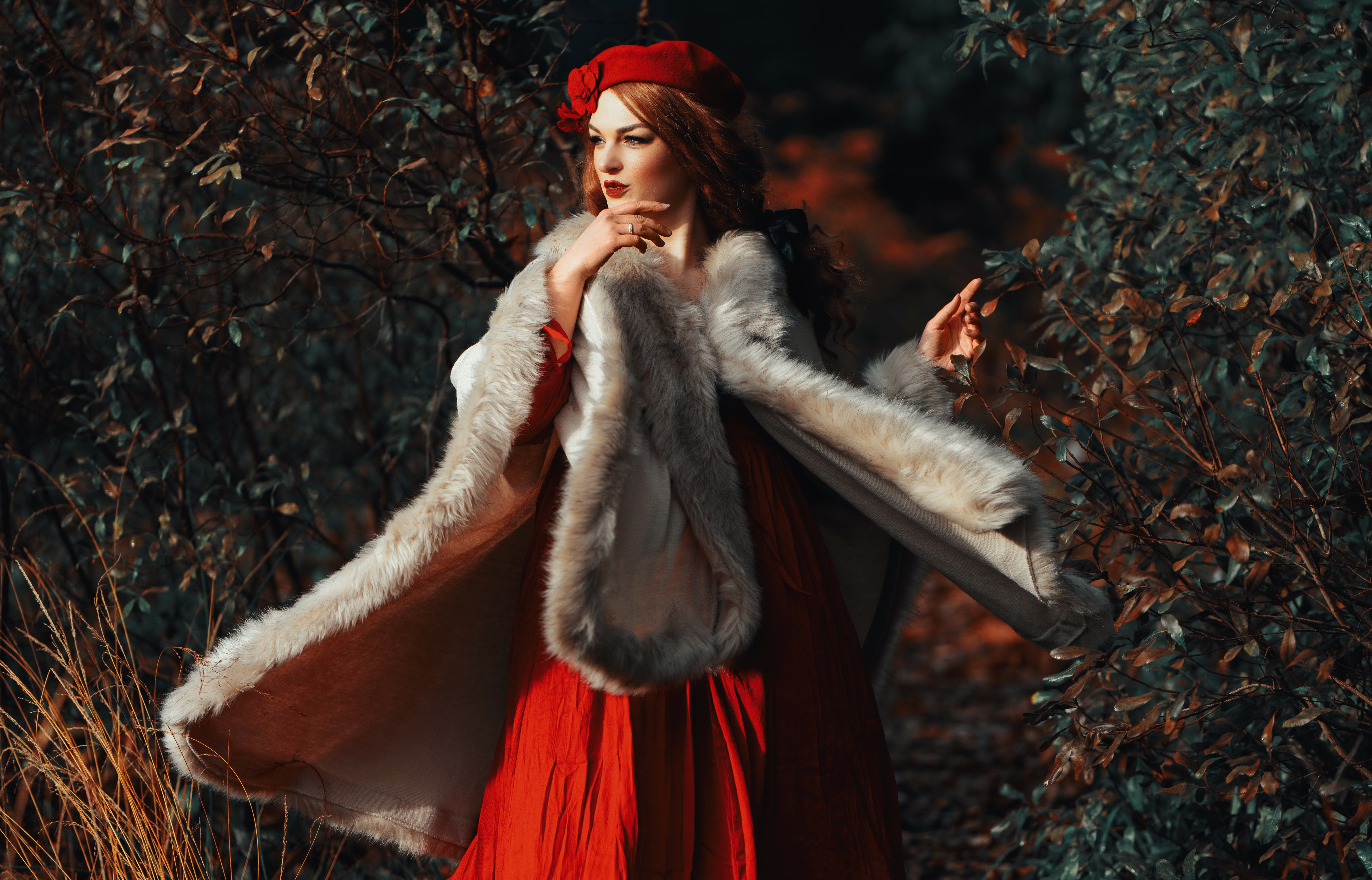 Download mobile wallpaper Redhead, Hat, Fur, Coat, Model, Women, Lipstick, Red Dress for free.