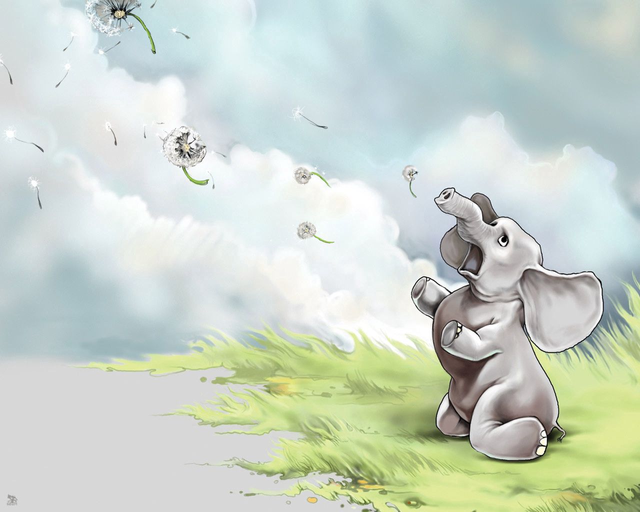 Téléchargez des papiers peints mobile Sky, Herbe, Vol, L'éléphant, Éléphant, Art gratuitement.