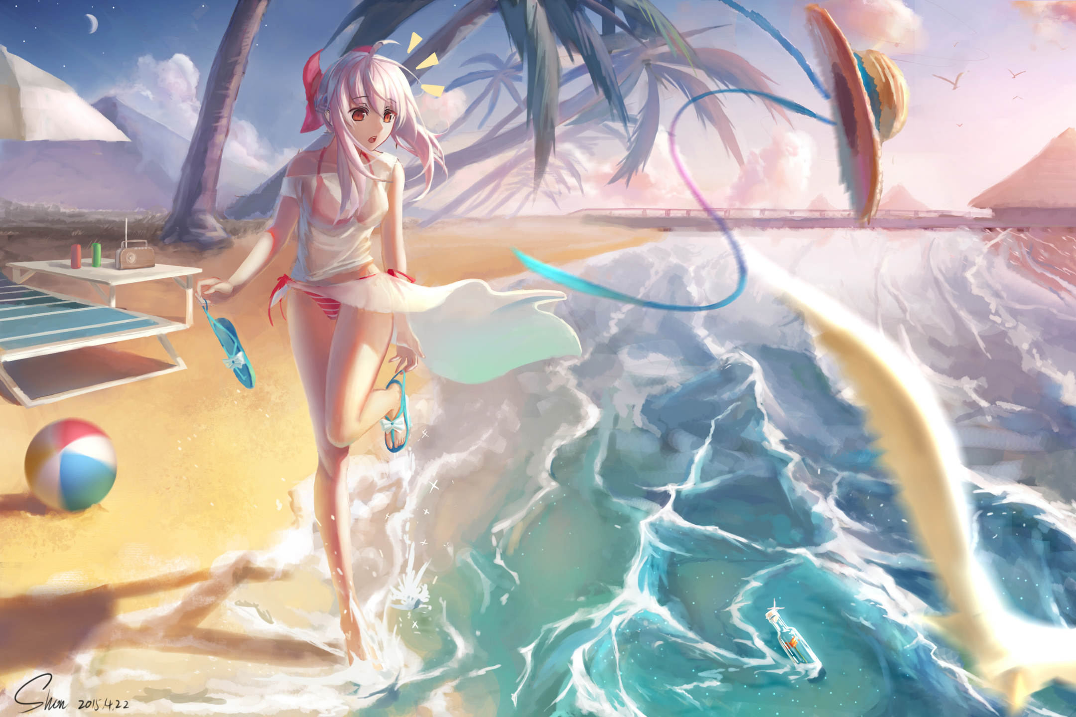 Laden Sie das Wasser, Strand, Pinkes Haar, Rote Augen, Animes, Bikini, Seraph Des Endes-Bild kostenlos auf Ihren PC-Desktop herunter
