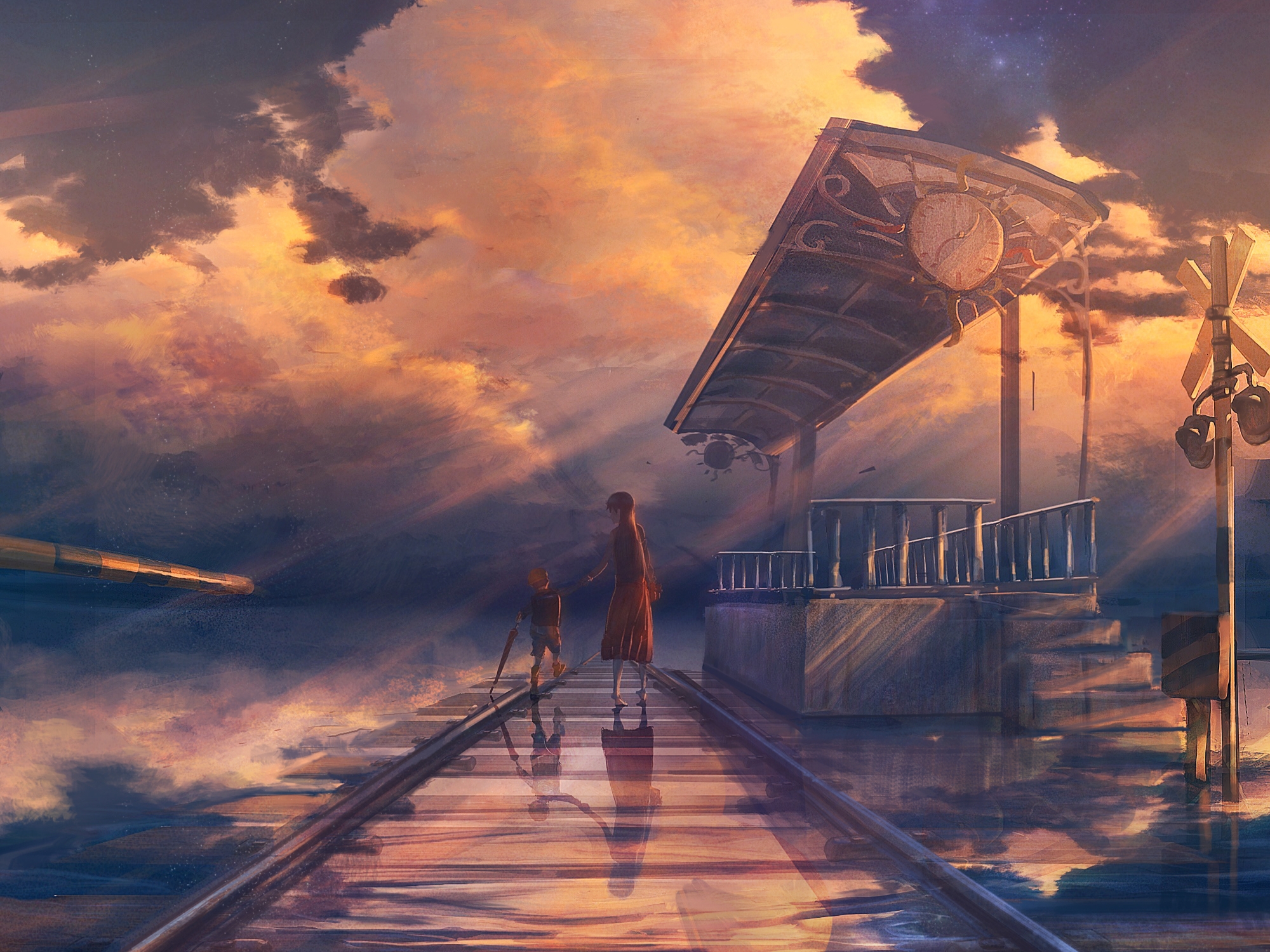 Download mobile wallpaper Anime, Sunset, Child, Train Station, Railroad for free.